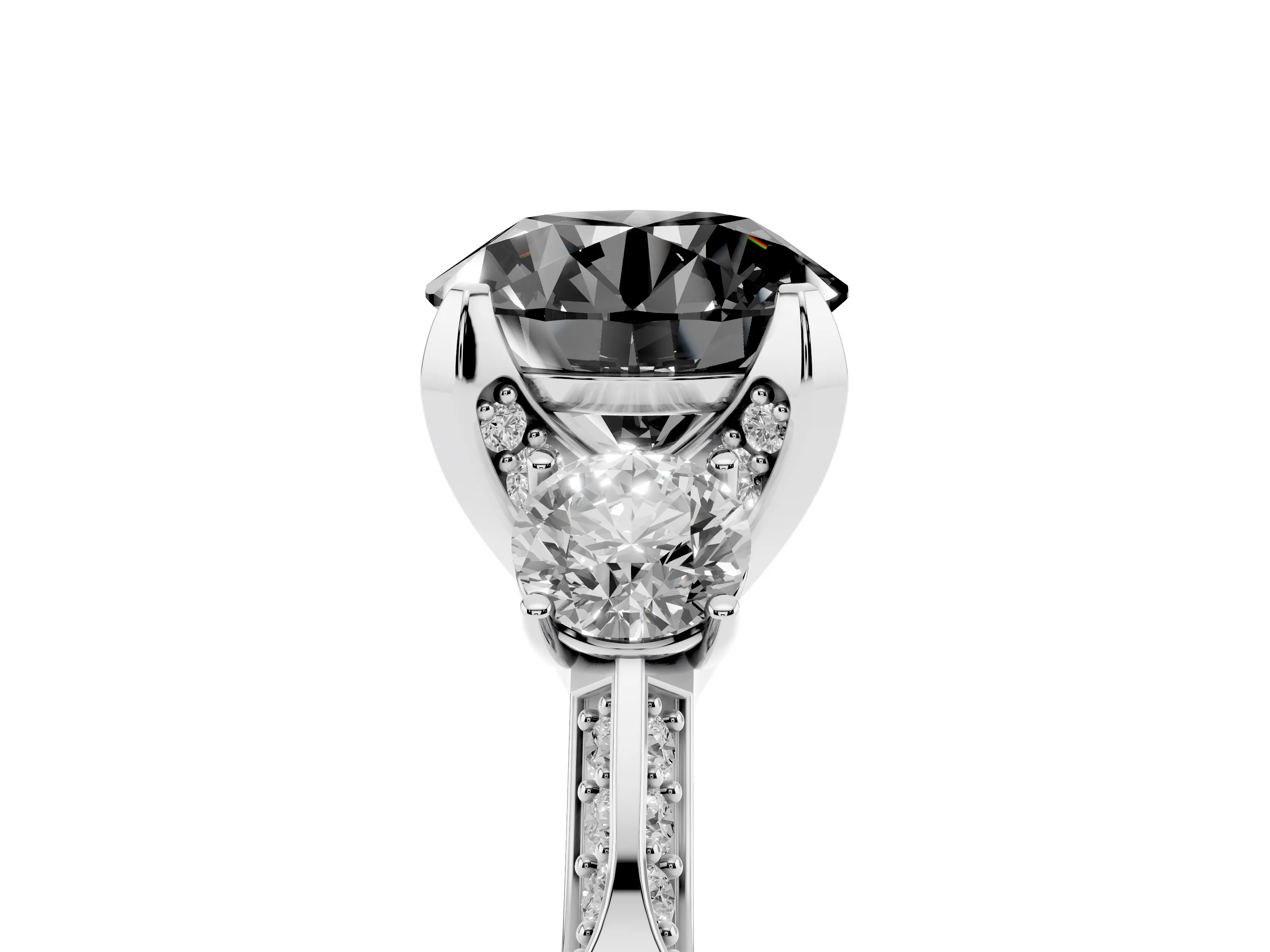 Fancy Black Round Cut Diamond Three-Stone Ring Set in Platinum with Pavé Band and Smaller Side Stones