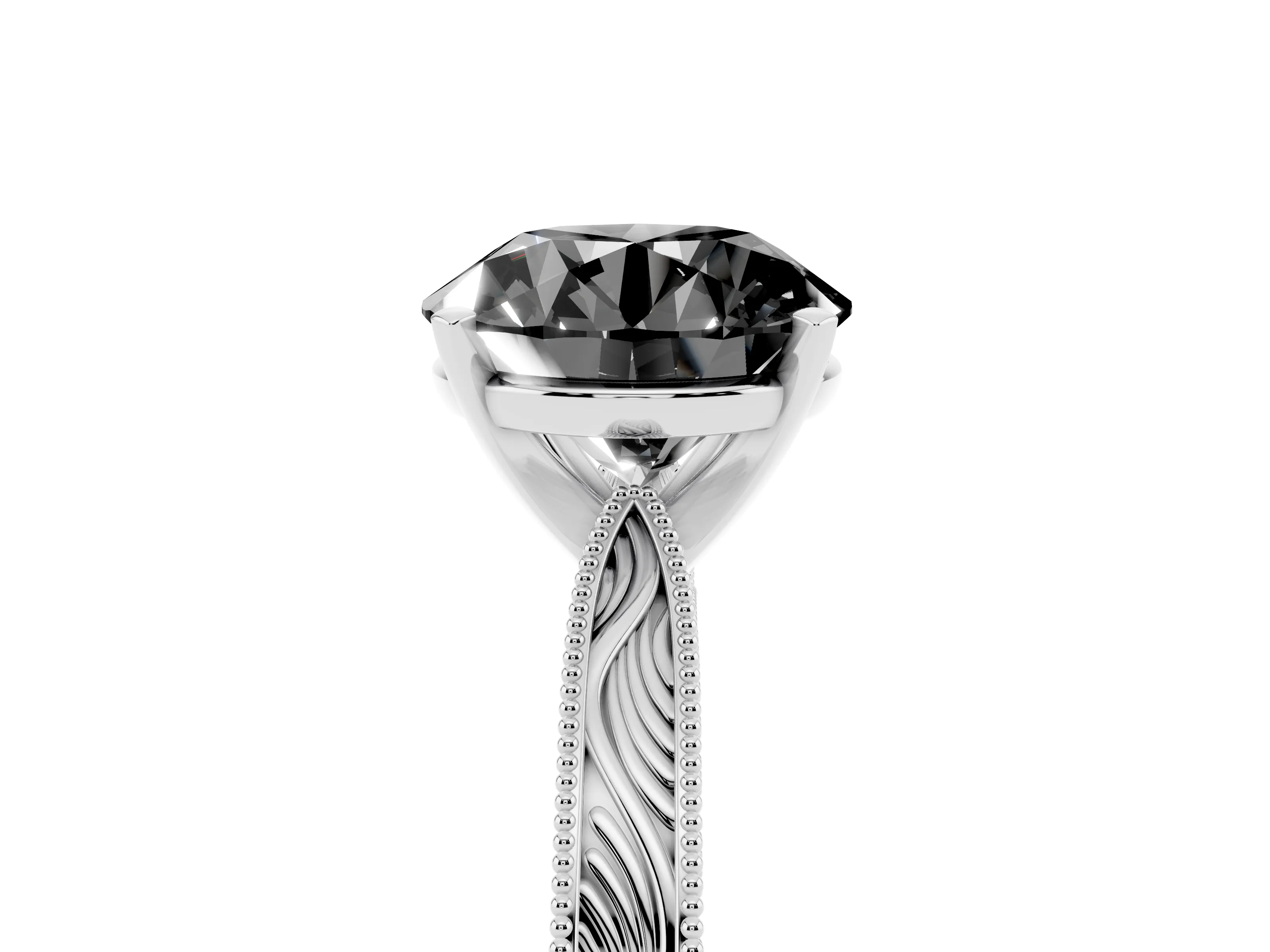 Fancy Black Round Cut Diamond Solitaire Milgrain Engraved Band Set in Silver with Prong Setting