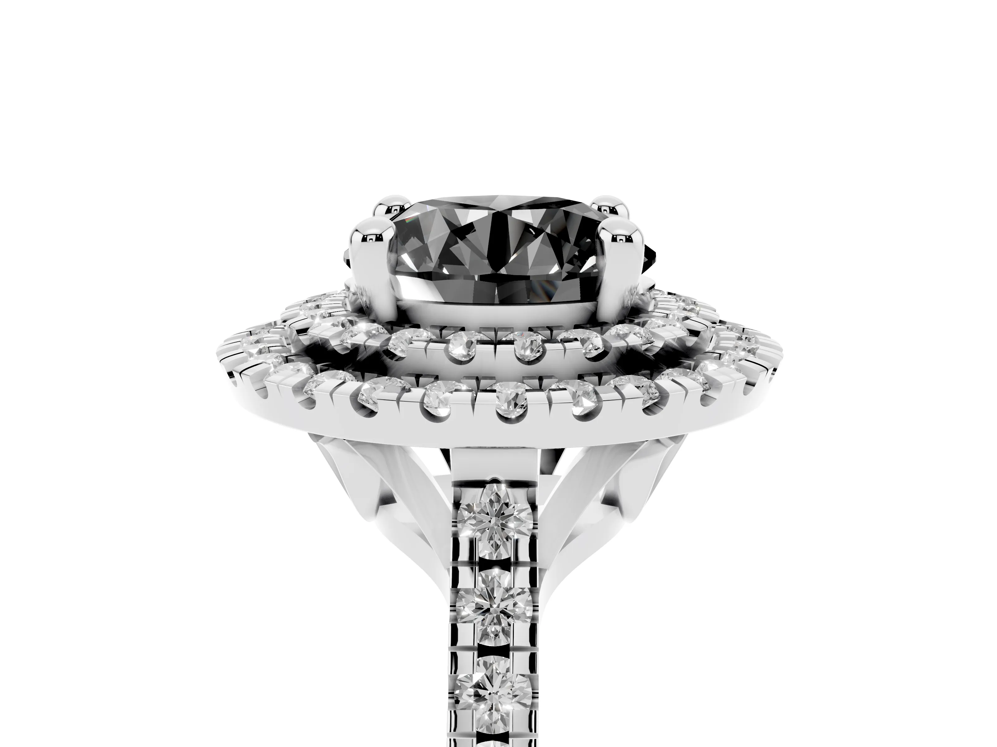 Fancy Black Round Cut Diamond Double Halo Statement Ring Set in Silver with Pavé Band