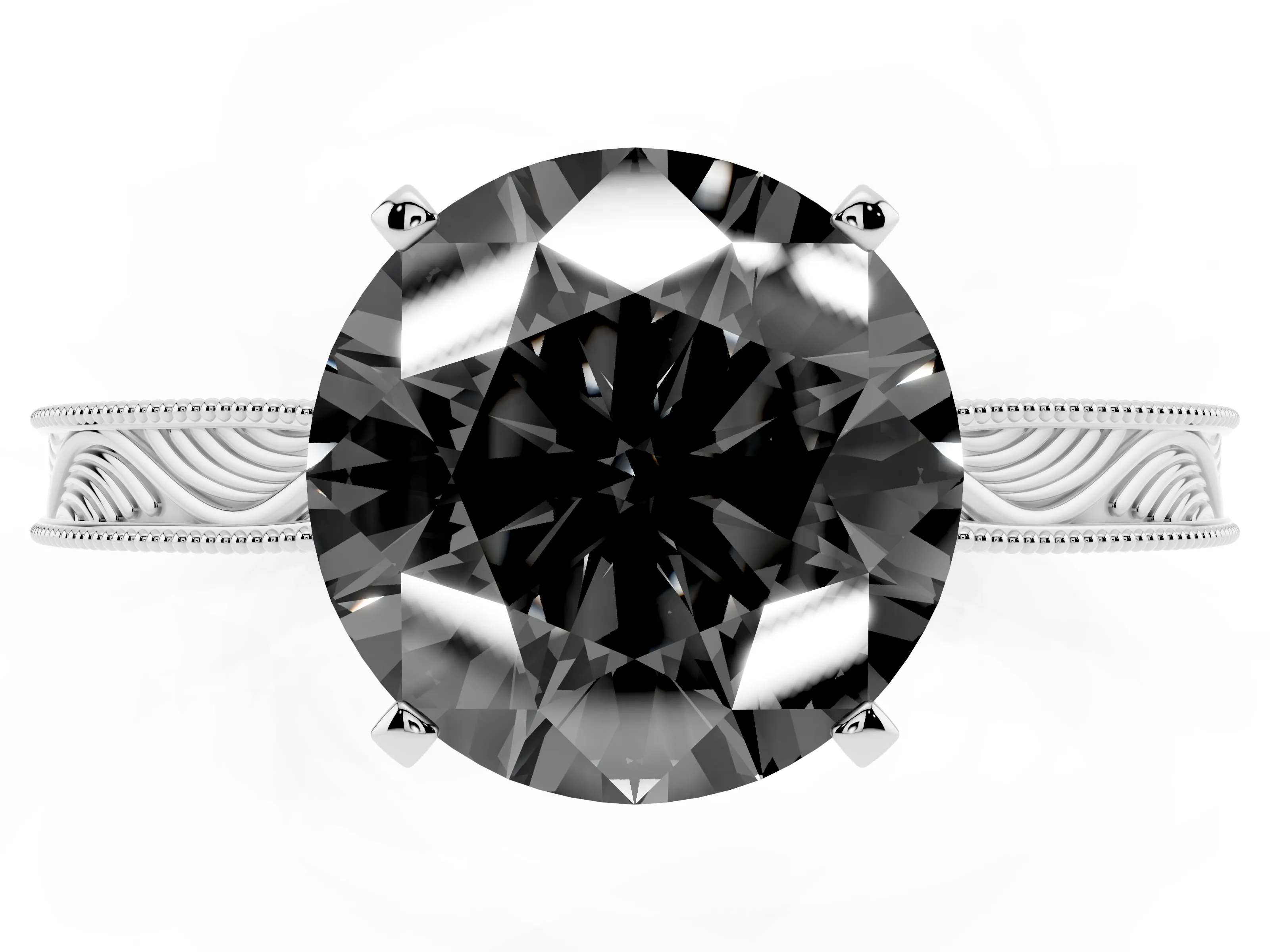 Fancy Black Round Cut Diamond Solitaire Milgrain Engraved Band Set in Silver with Prong Setting