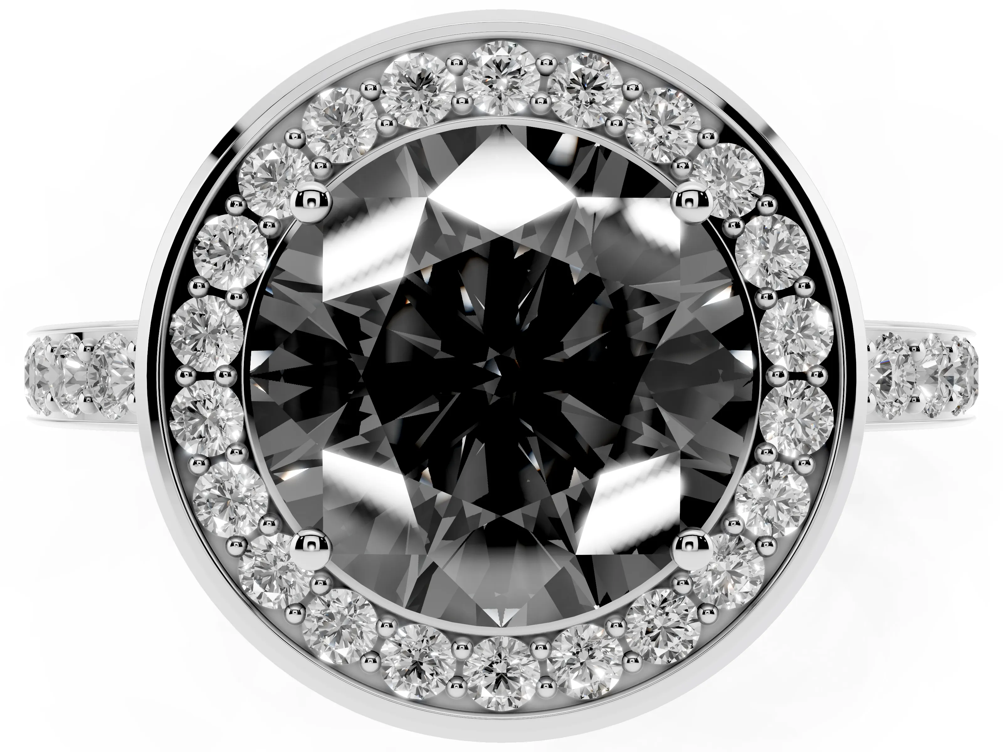 Fancy Black Round Cut Diamond Halo Ring Set in White gold with Bezel Frame and Pavé Band