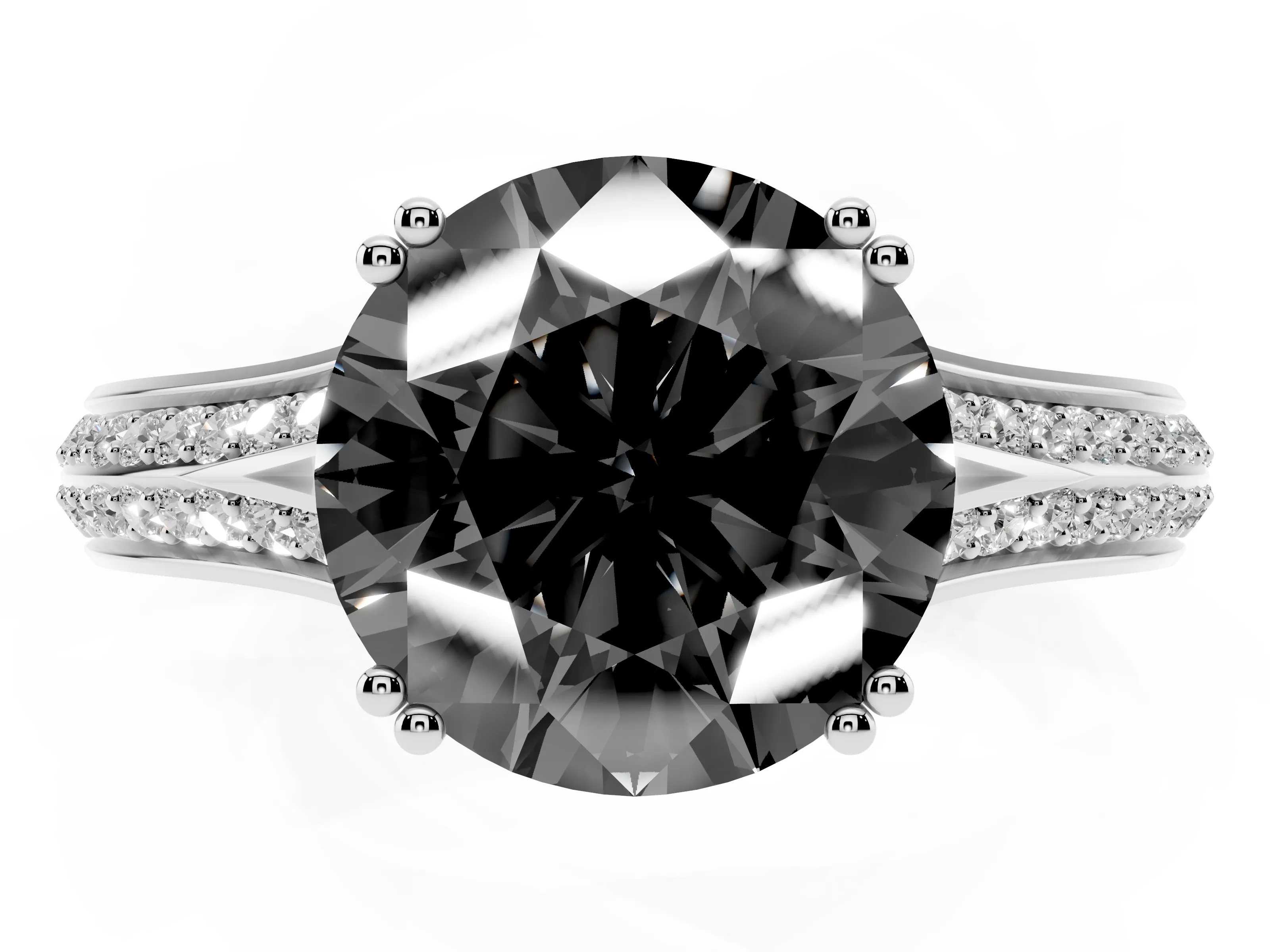 Fancy Black Round Cut Diamond Split Shank Pavé Engagement Ring Set in Platinum with Prong-Set Center Stone