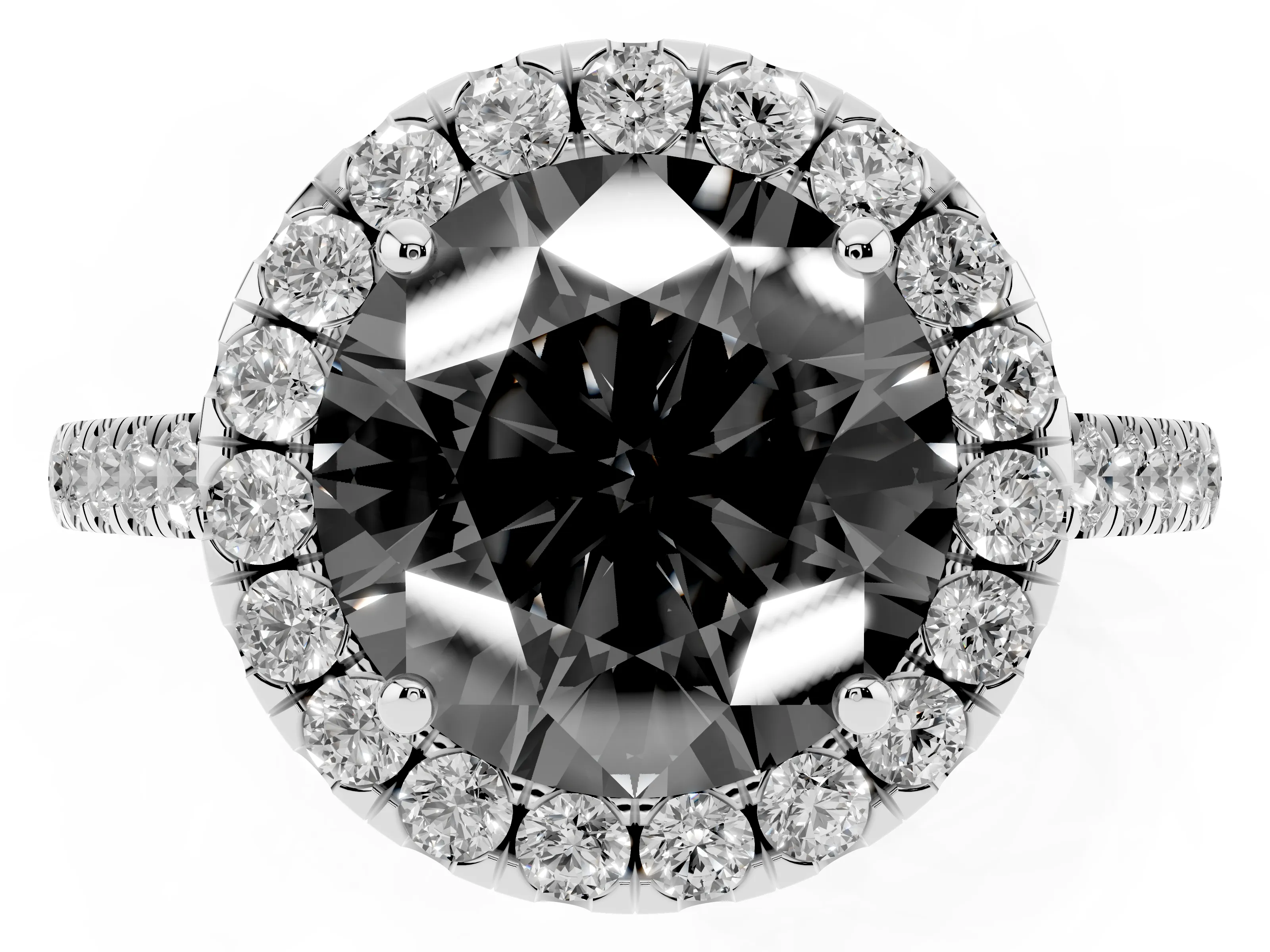 Fancy Black Round Cut Diamond Halo Pavé Engagement Ring Set in White gold with Prong Setting