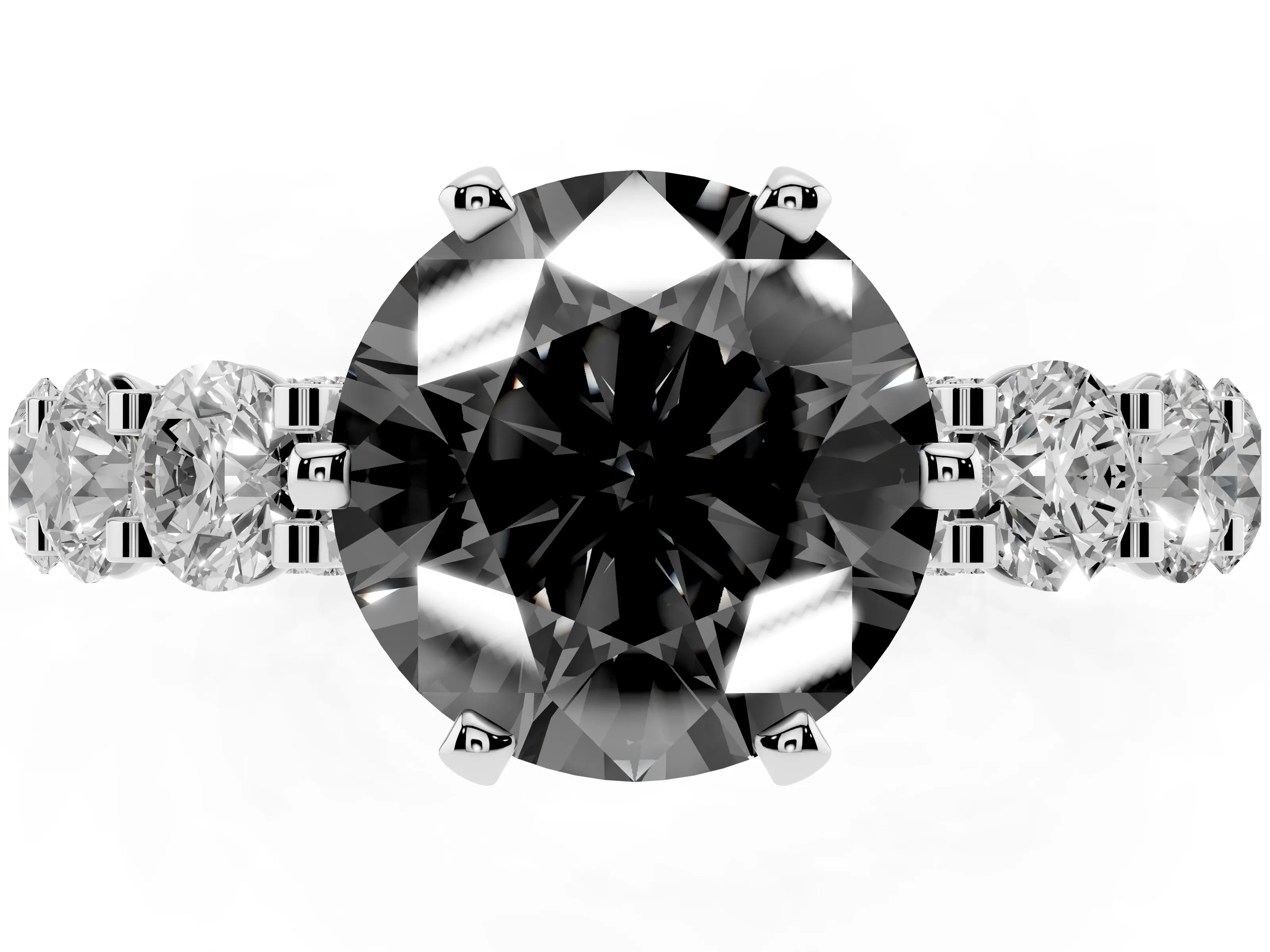 Fancy Black Round Cut Diamond Side Stone Ring Set in White gold with Alternating Round and Oval Side Stones