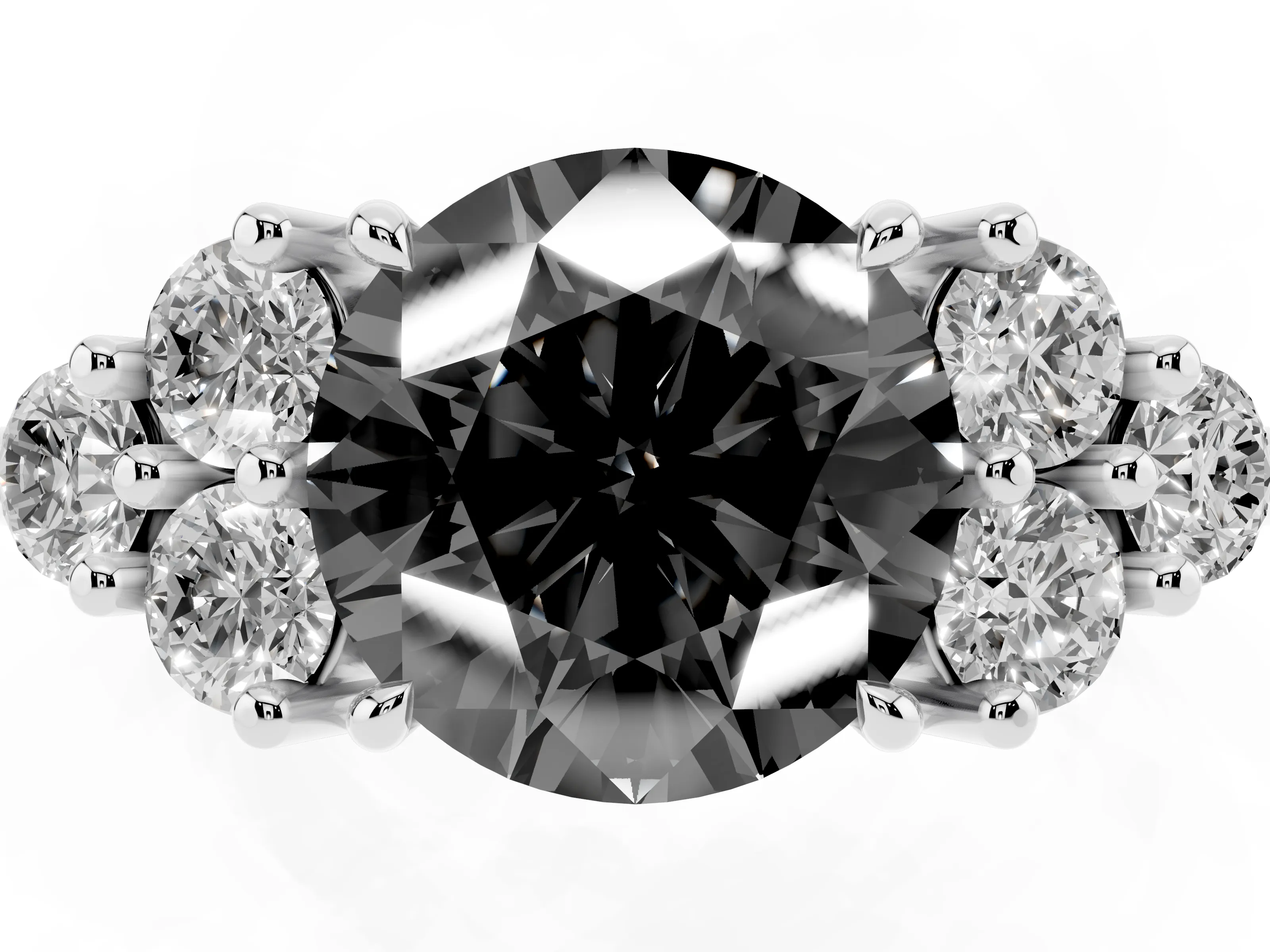 Fancy Black Round Cut Diamond Solitaire Ring Set in Silver with Cluster Accents on Each Side