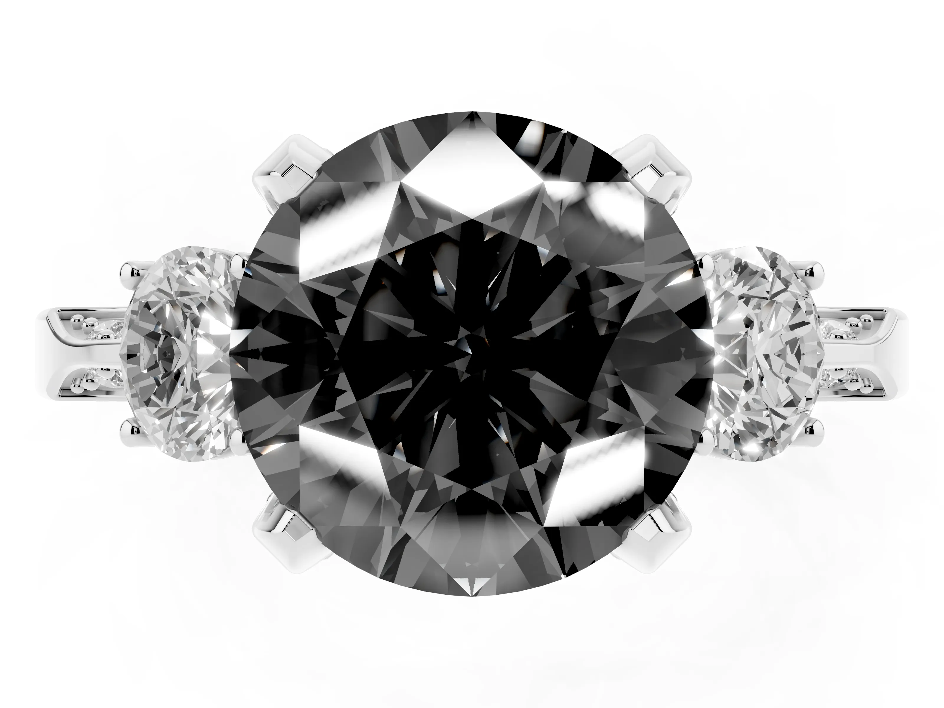 Fancy Black Round Cut Diamond Three-Stone Ring Set in Platinum with Pavé Band and Smaller Side Stones