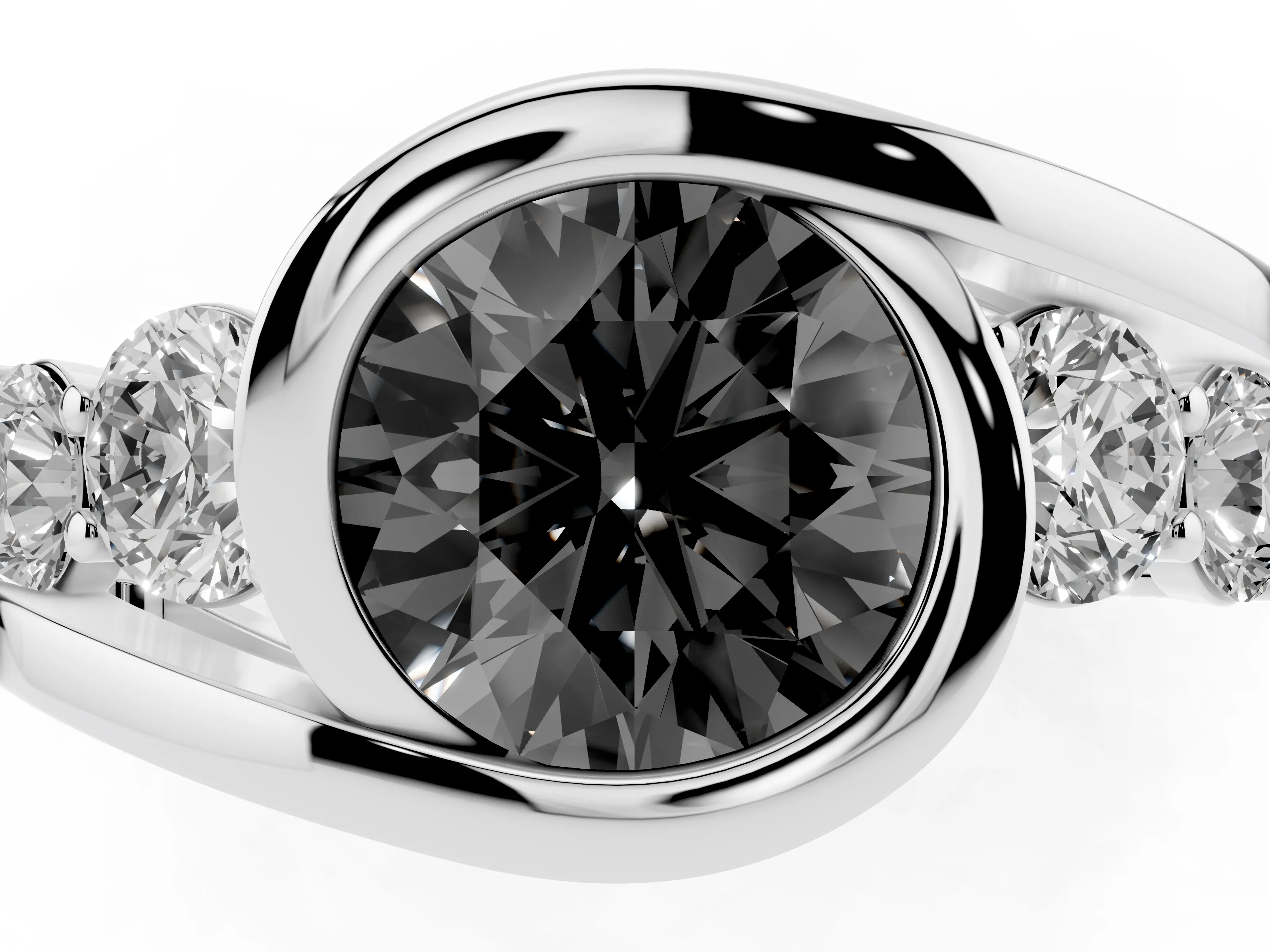 Fancy Black Round Cut Diamond Bezel Bypass Ring Set in Platinum with Round Accents