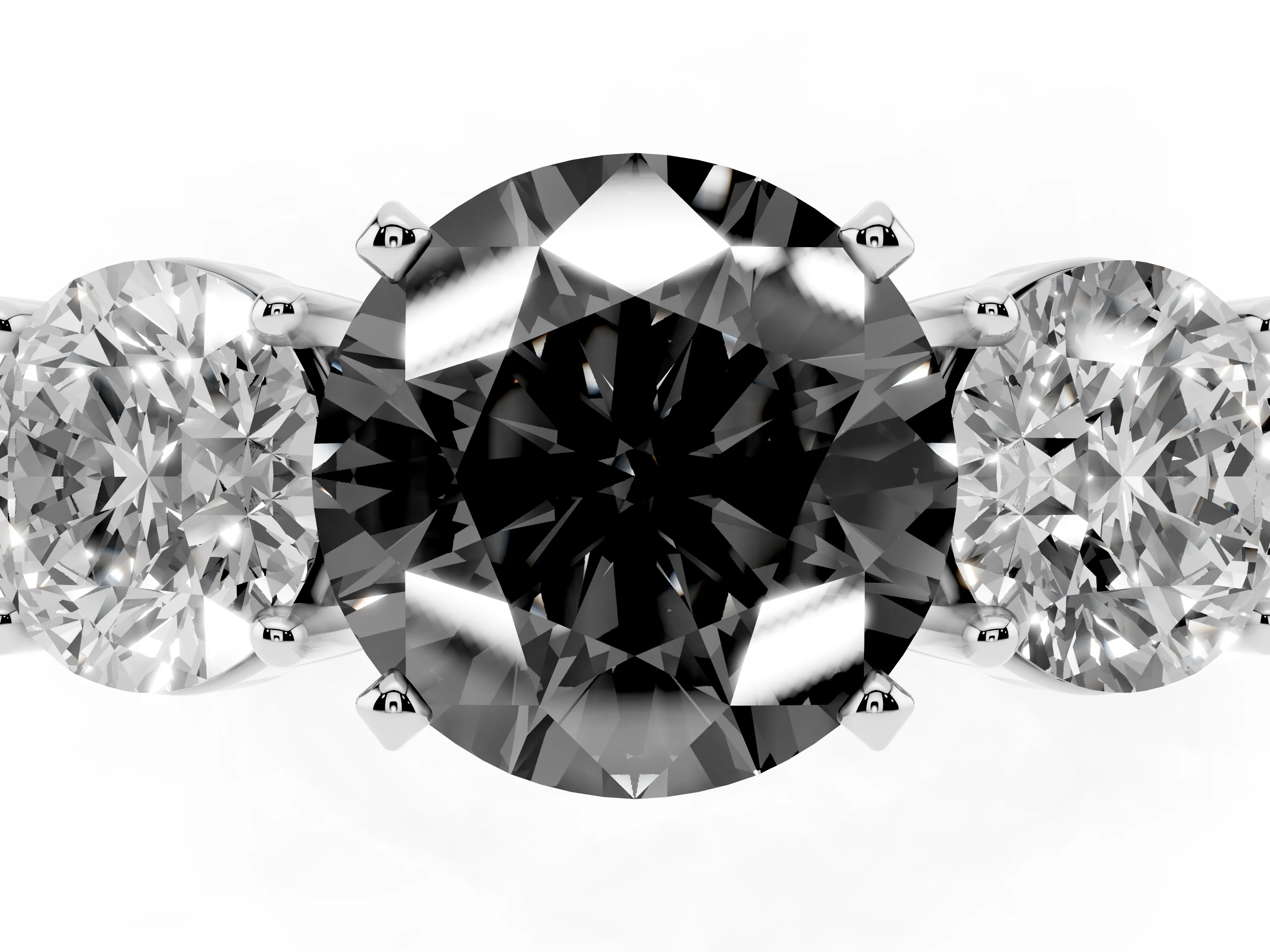 Fancy Black Round Cut Diamond Three-Stone Ring Set in Silver with Round Side Stones and Classic Band