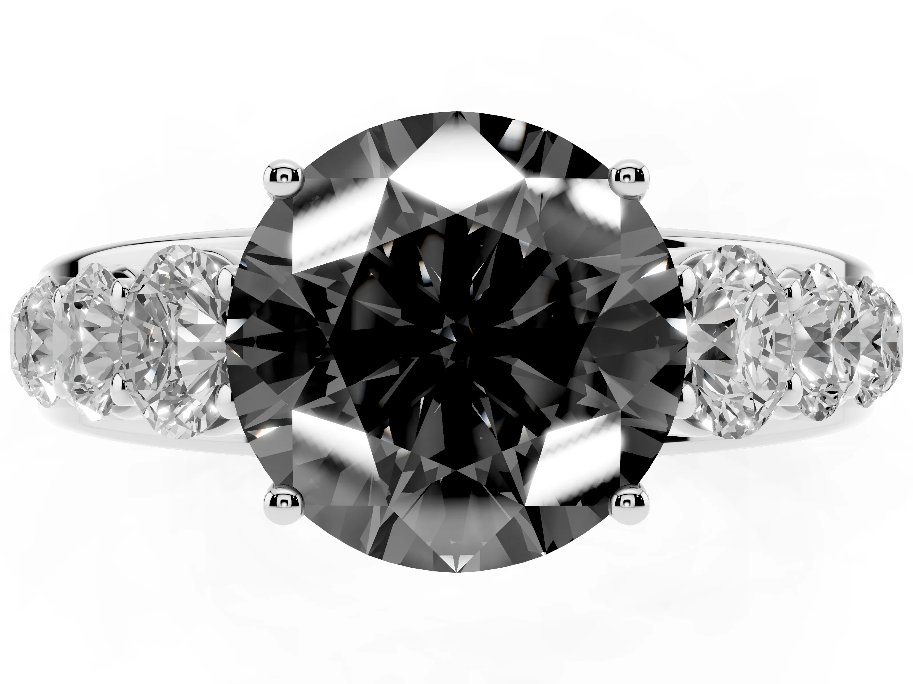Fancy Black Round Cut Diamond Solitaire Ring Set in Silver with Pavé-Set Band and Prong Setting