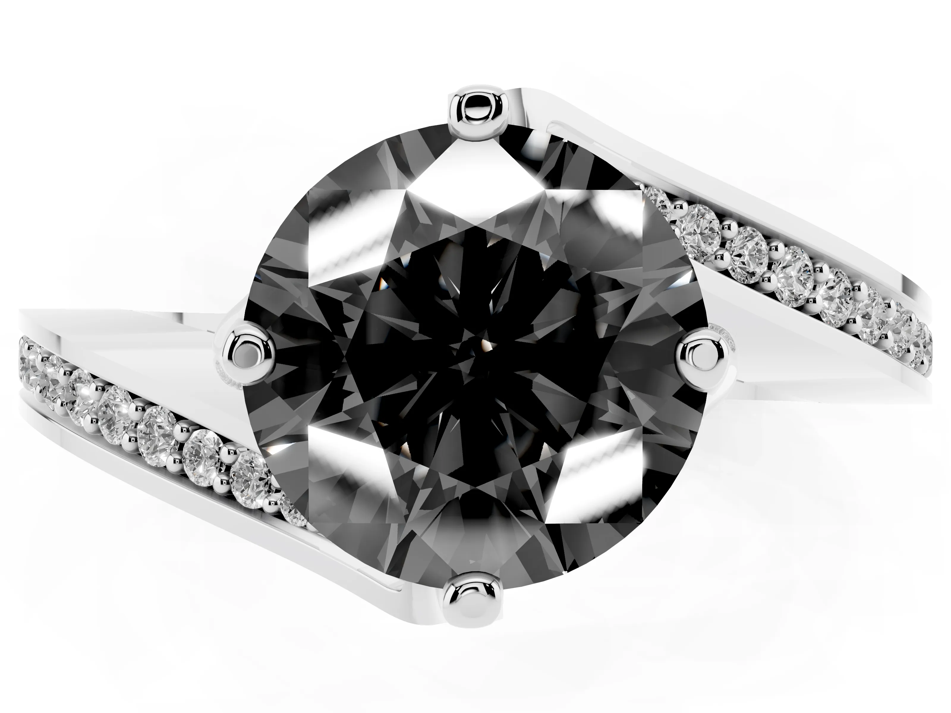 Fancy Black Round Cut Diamond Solitaire Ring Set in White gold with Intertwined Pavé Twist Band