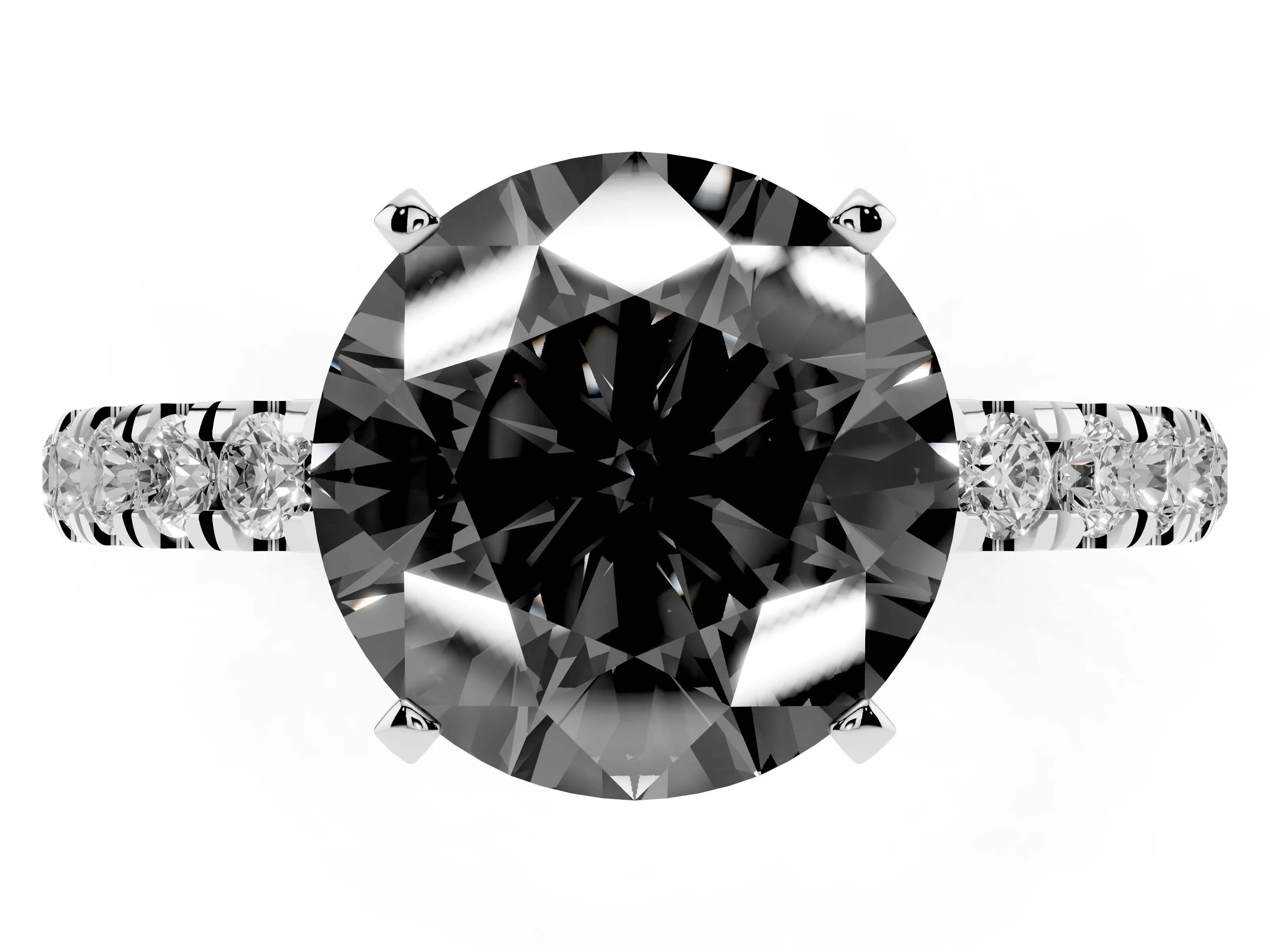 Fancy Black Round Cut Diamond Solitaire Ring Set in Silver with Pavé Accents and Prong Setting