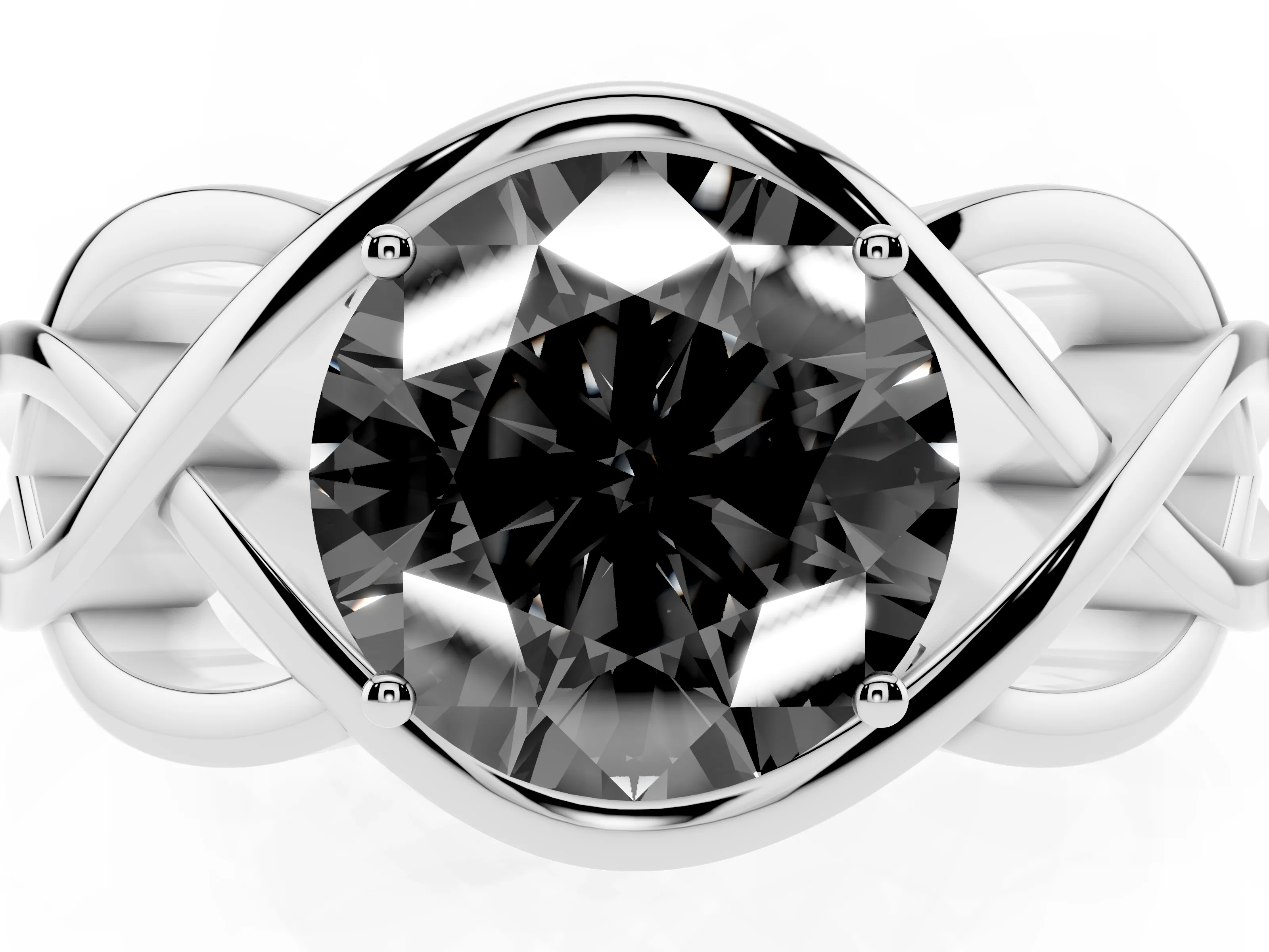 Fancy Black Round Cut Diamond Solitaire Ring Set in Platinum with Intertwined Band
