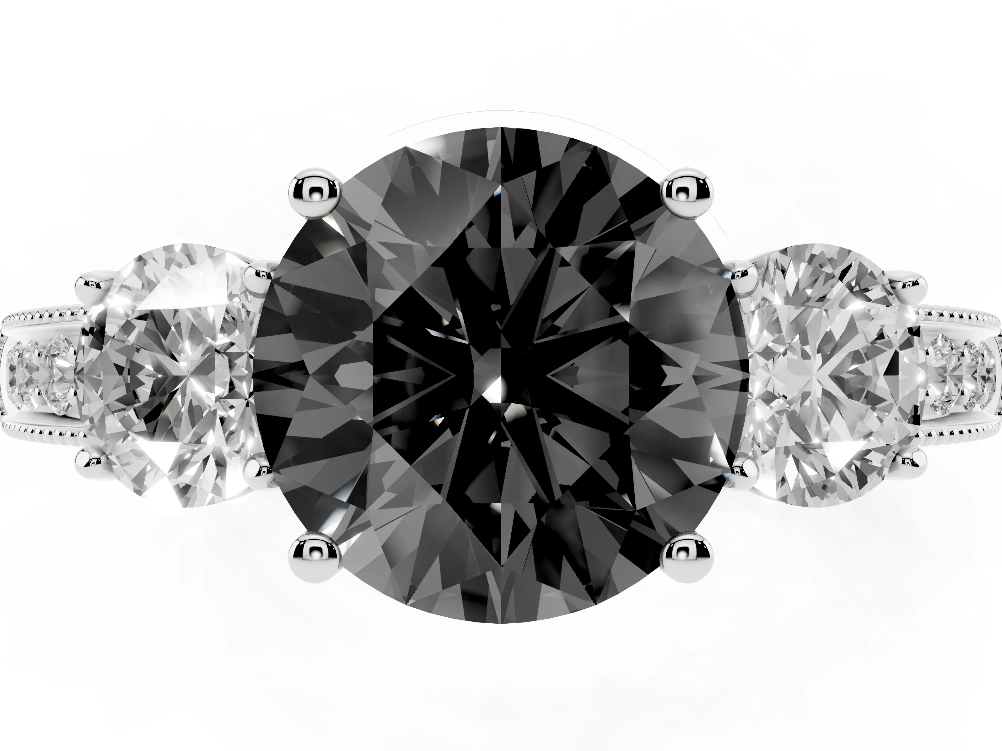 Fancy Black Round Cut Diamond Three-Stone Ring Set in Platinum with Round Side Stones and Pavé Band