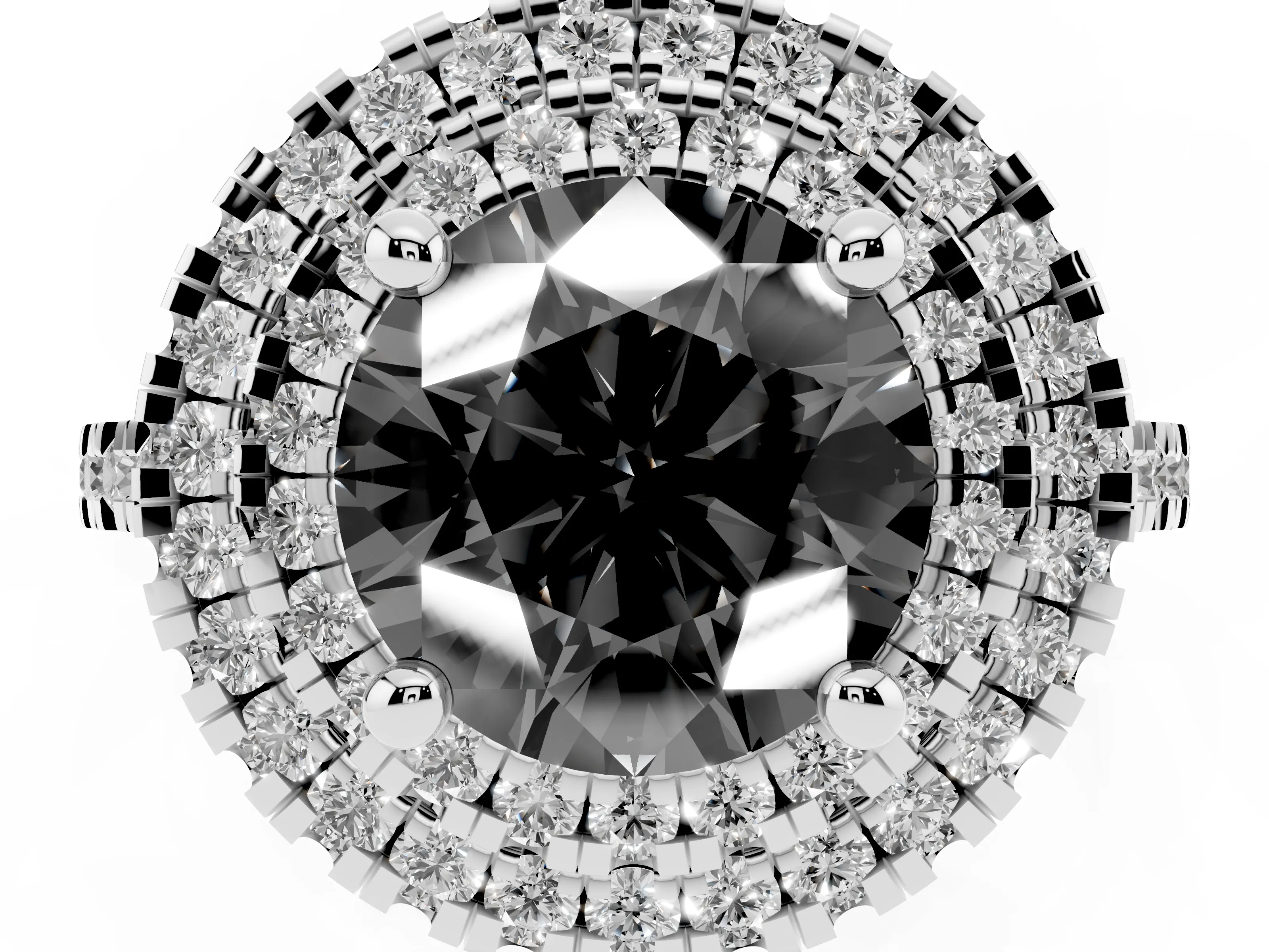 Fancy Black Round Cut Diamond Double Halo Statement Ring Set in Silver with Pavé Band