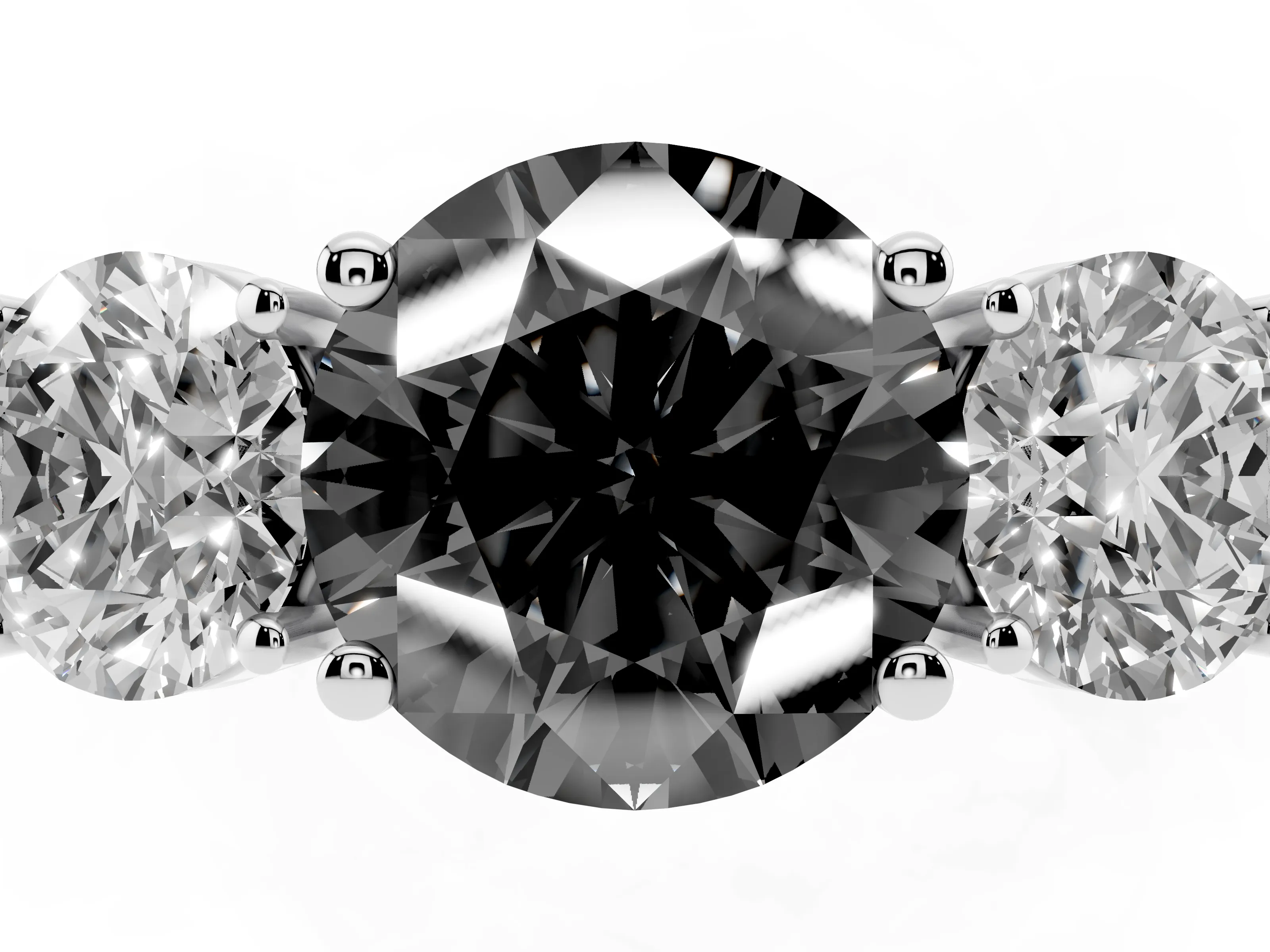 Fancy Black Round Cut Diamond Three-Stone Engagement Ring Set in White gold with Flat Band