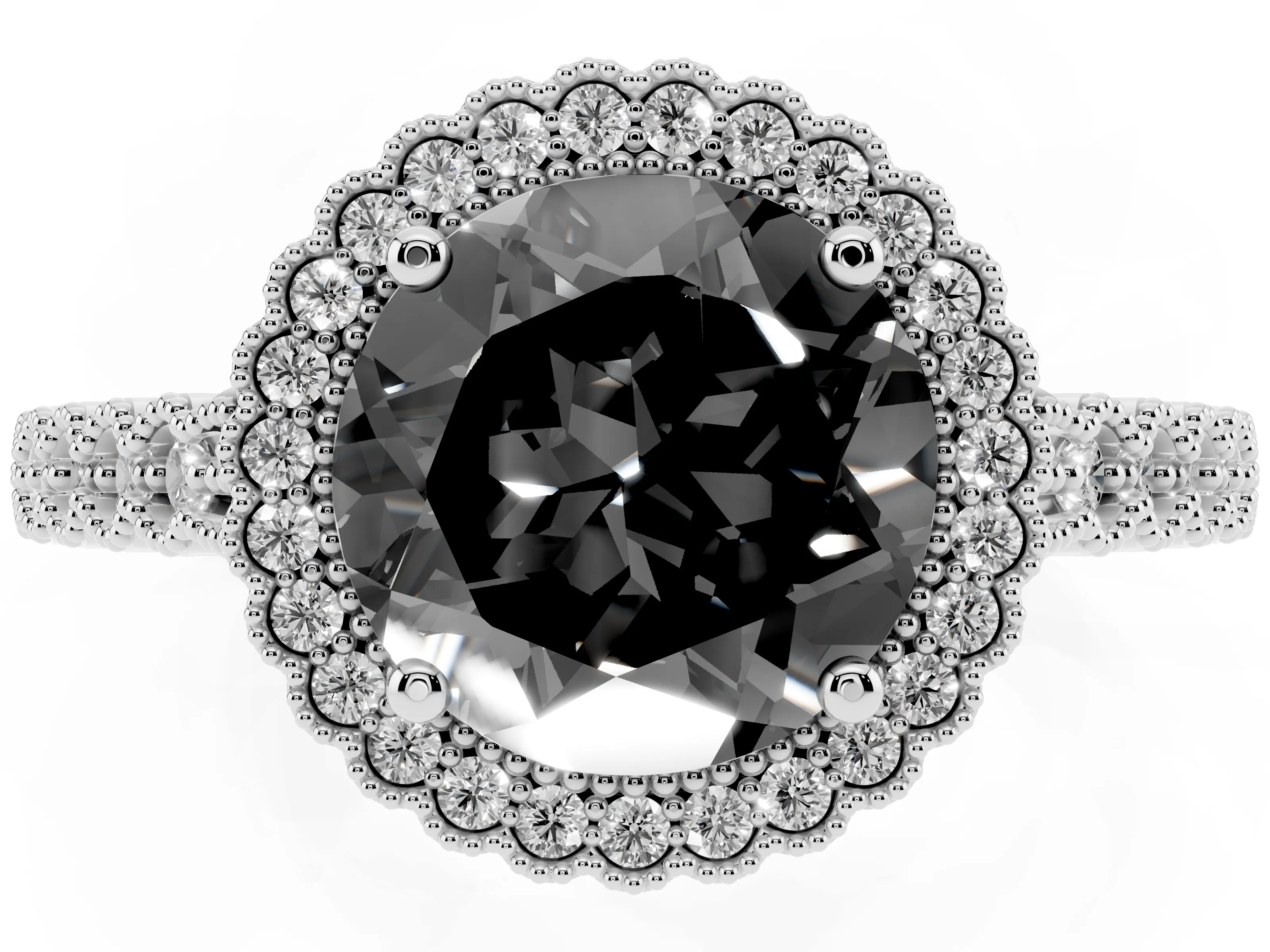 Fancy Black Round Cut Diamond Halo Ring Set in Platinum with Pavé Milgrain Band
