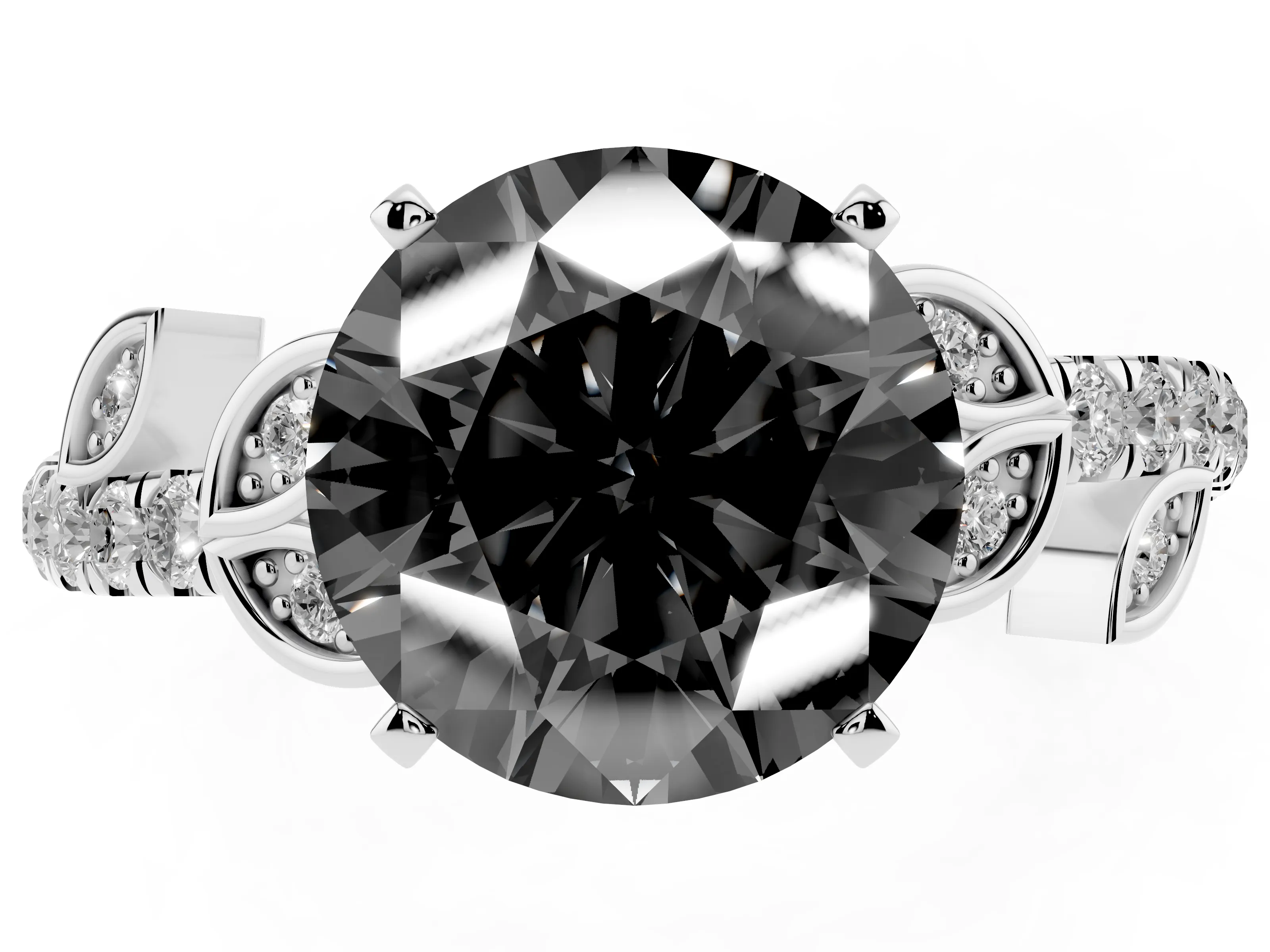 Fancy Black Round Cut Diamond Solitaire Leaf-Inspired Ring Set in White gold with Pavé Band and Prong Setting