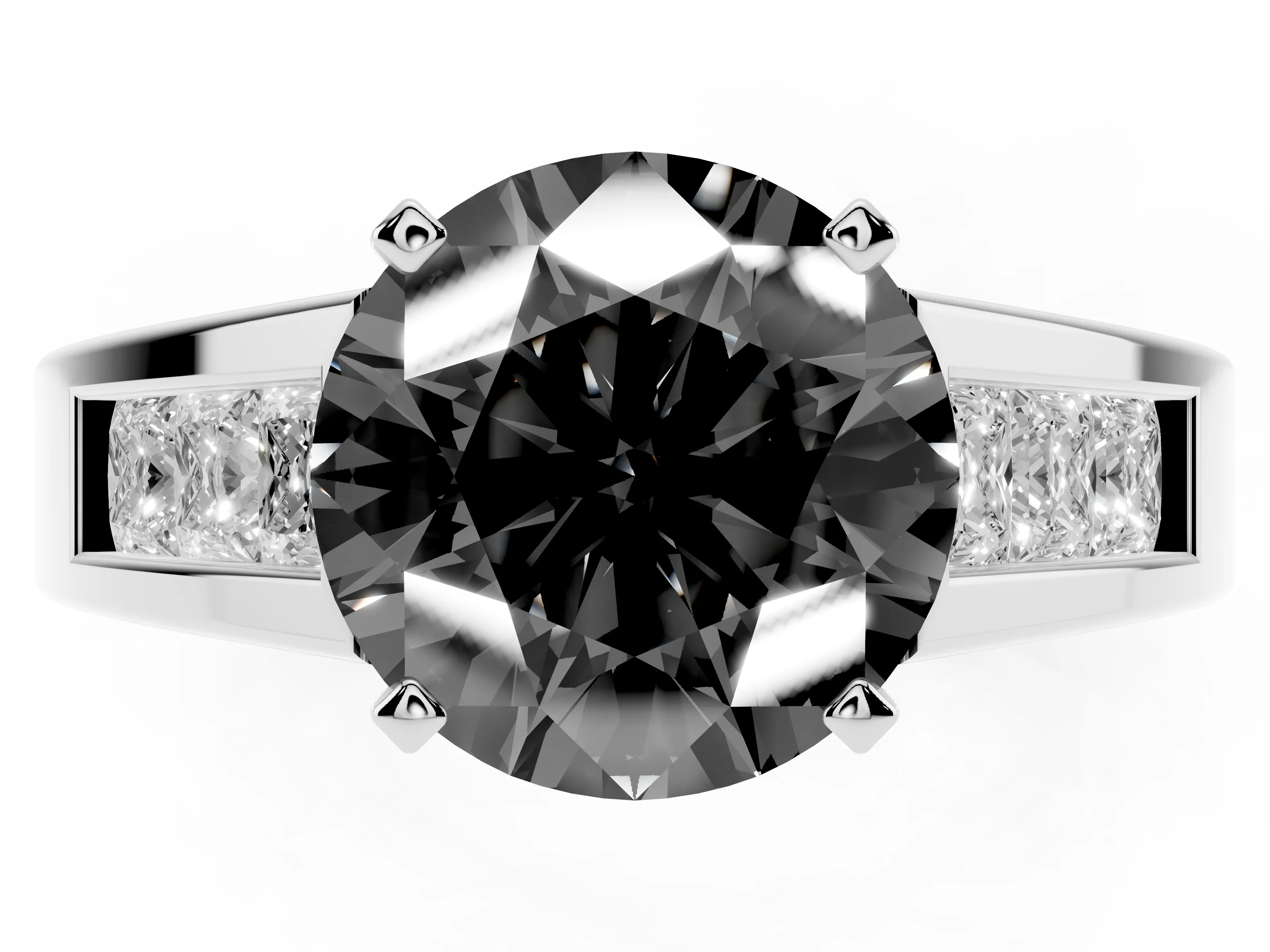 Fancy Black Round Cut Diamond Solitaire Ring Set in Silver with Channel-Set Accent Stones and Prong Setting