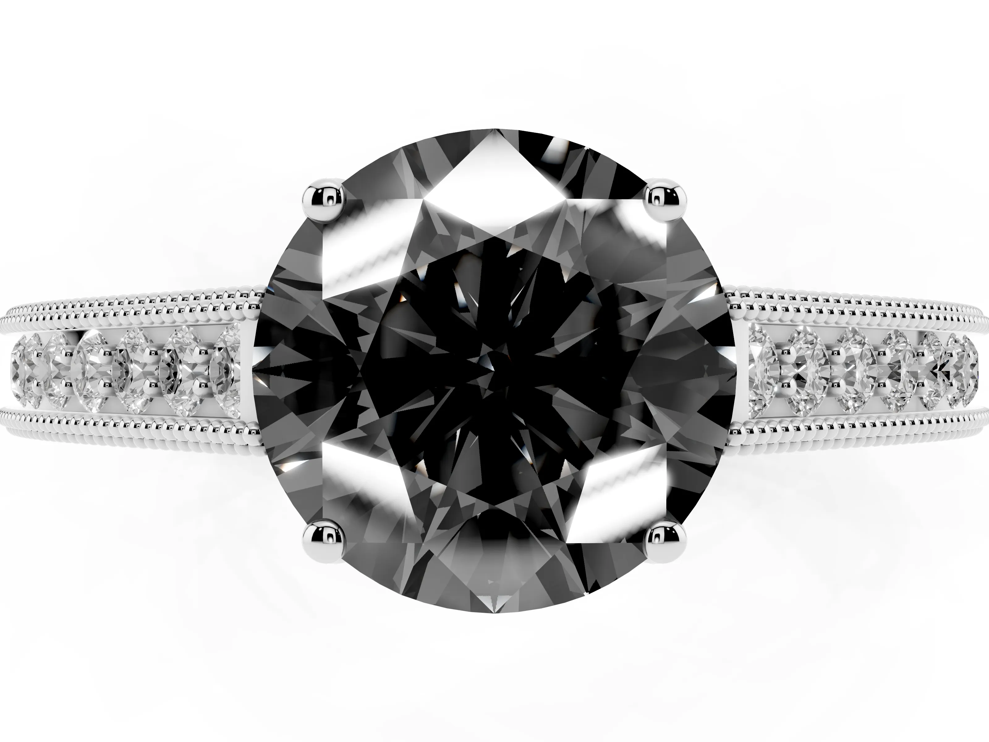 Fancy Black Round Cut Diamond Milgrain Pavé Band Solitaire Ring Set in Platinum with Prong Setting