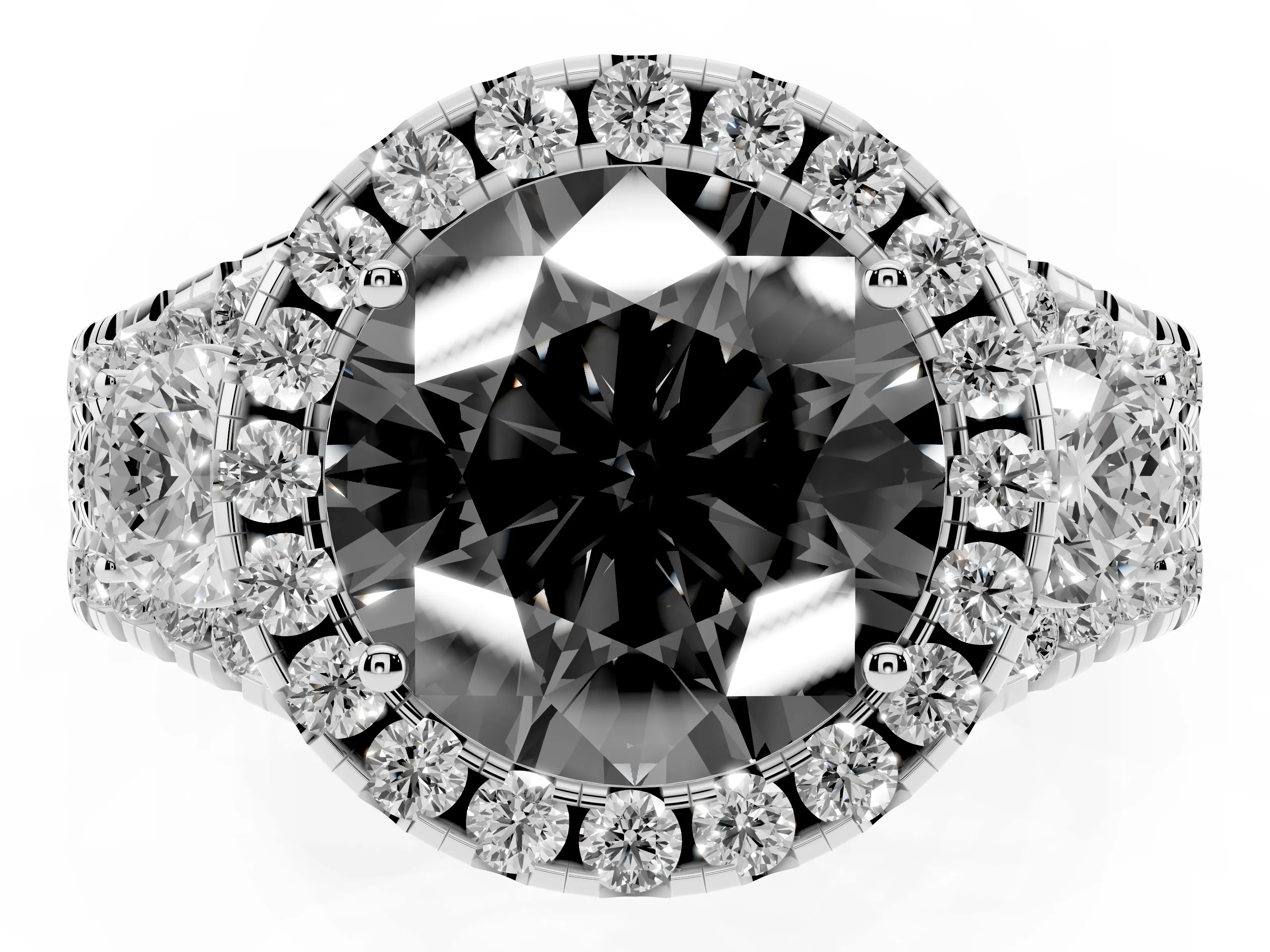 Fancy Black Round Cut Diamond Halo Split Shank Ring Set in Silver with Round Accent Stones and Prong Setting