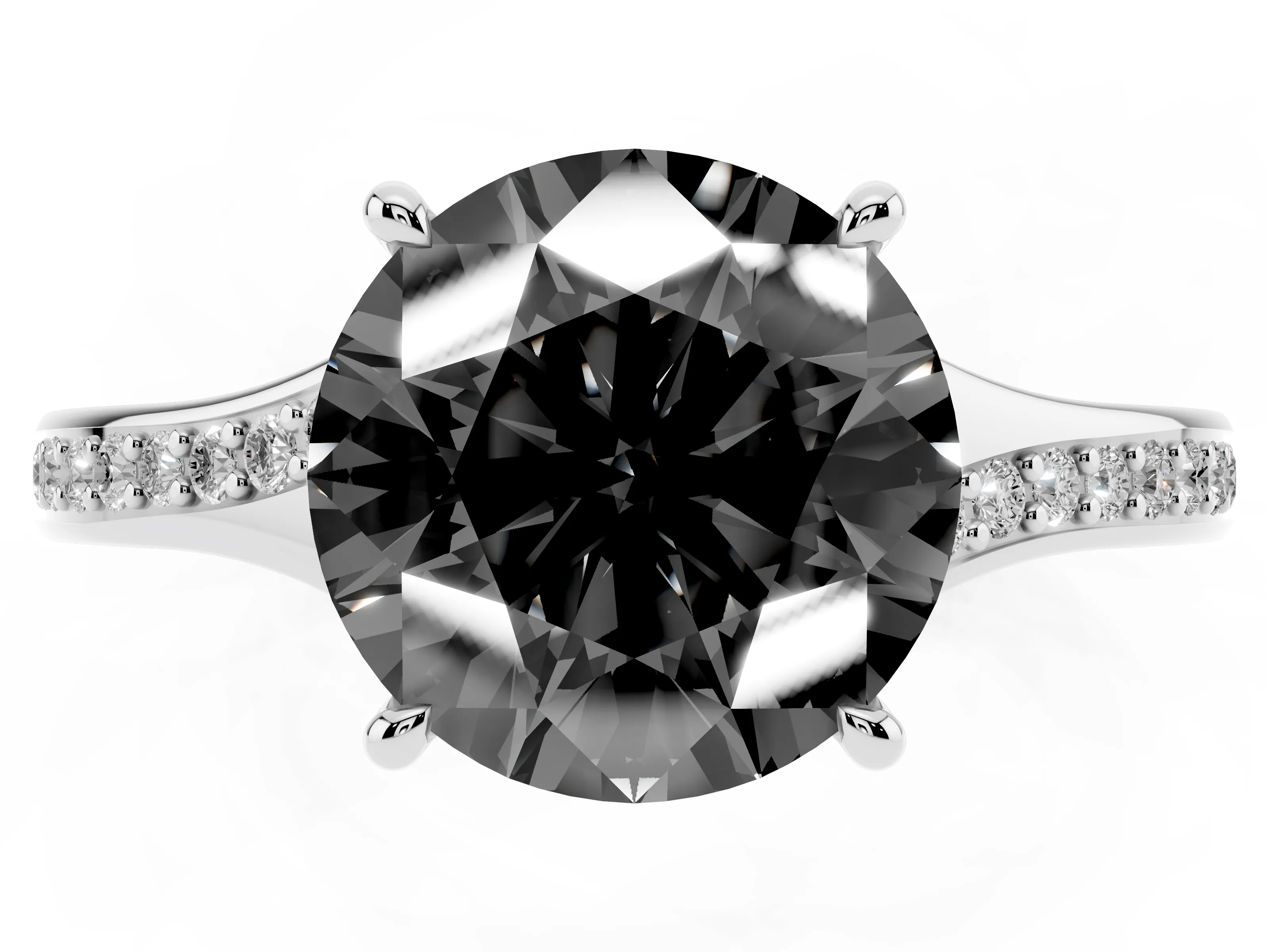 Fancy Black Round Cut Diamond Solitaire Ring Set in Platinum with Pavé Accent Band and Classic Prong Setting