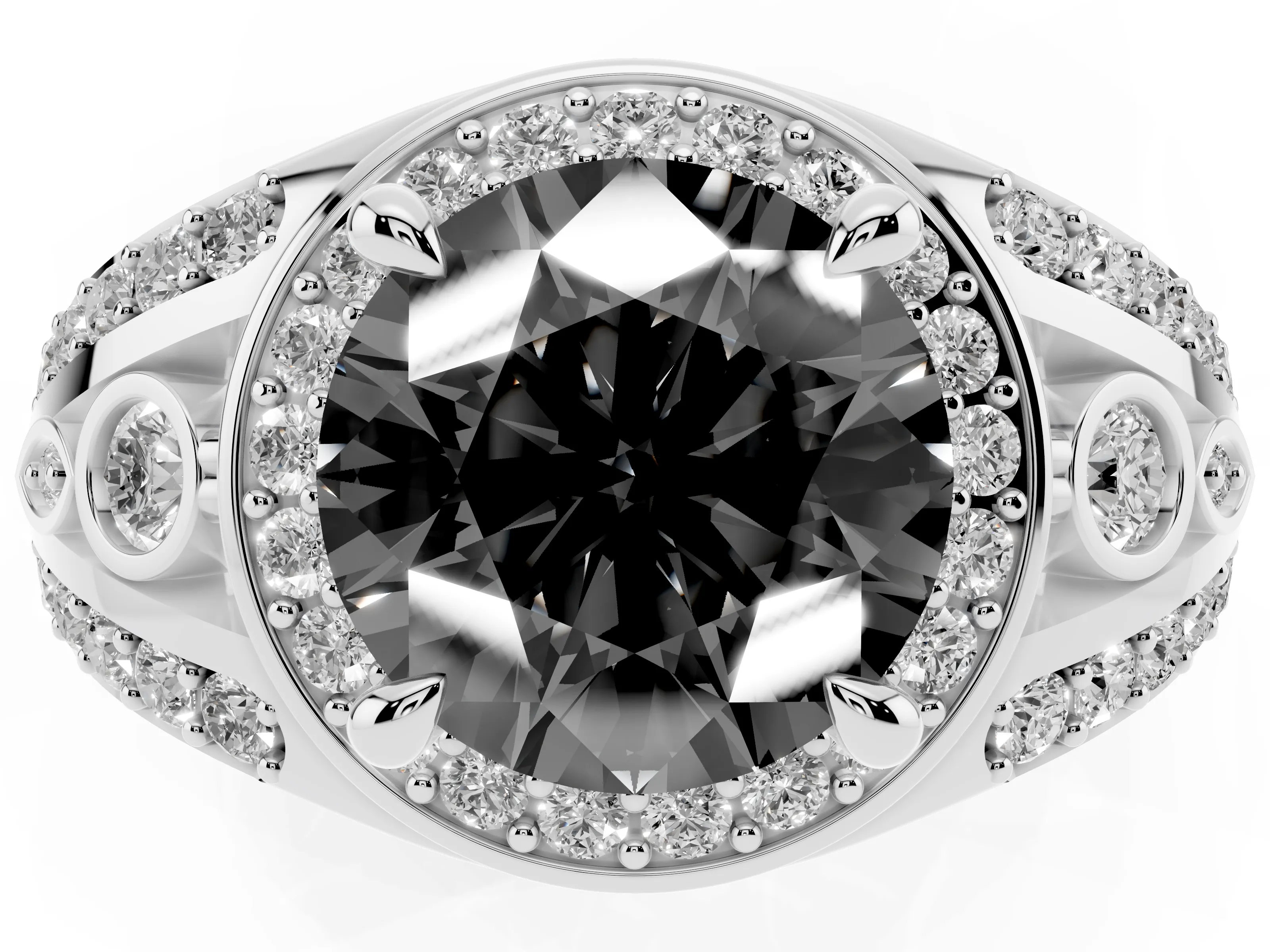 Fancy Black Round Cut Diamond Halo Ring Set in Silver with Pavé Split Shank and Bezel Accents