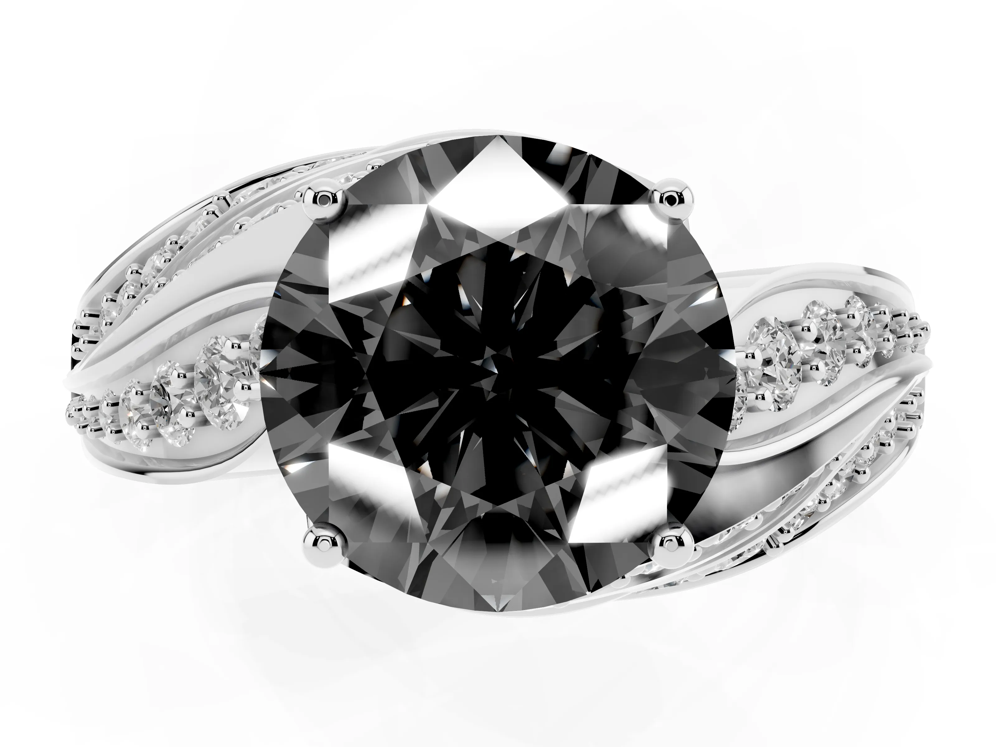 Fancy Black Round Cut Diamond Solitaire Ring Set in Silver with Layered Twist Pavé Band