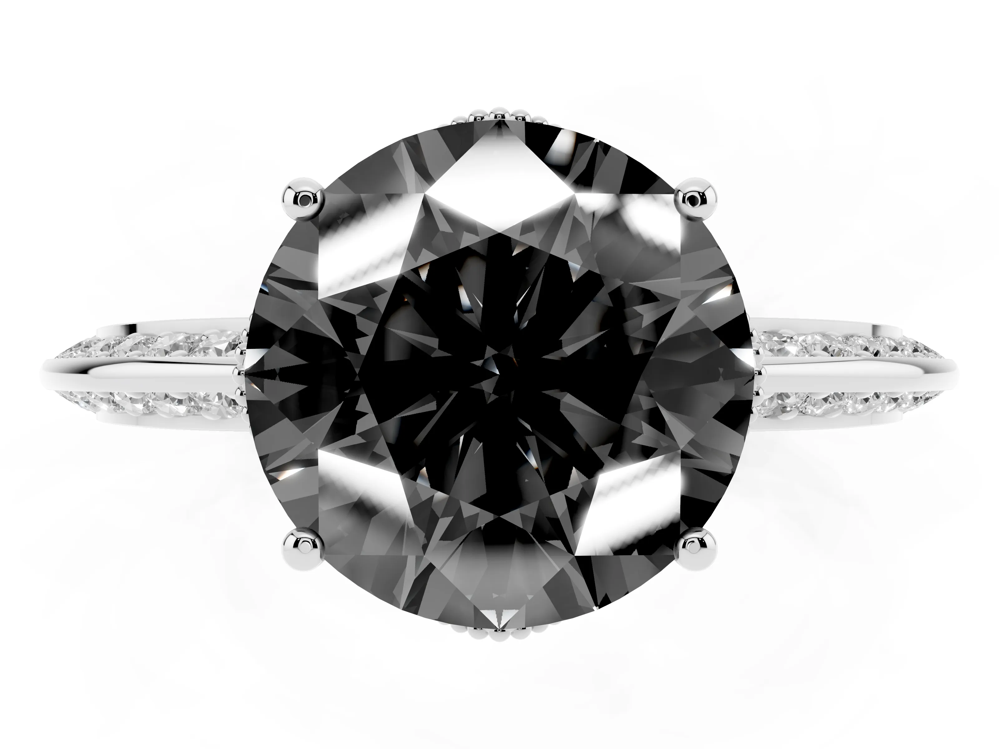 Fancy Black Round Cut Diamond Solitaire Engagement Ring Set in Silver with Pavé Split Shank and Prong Setting