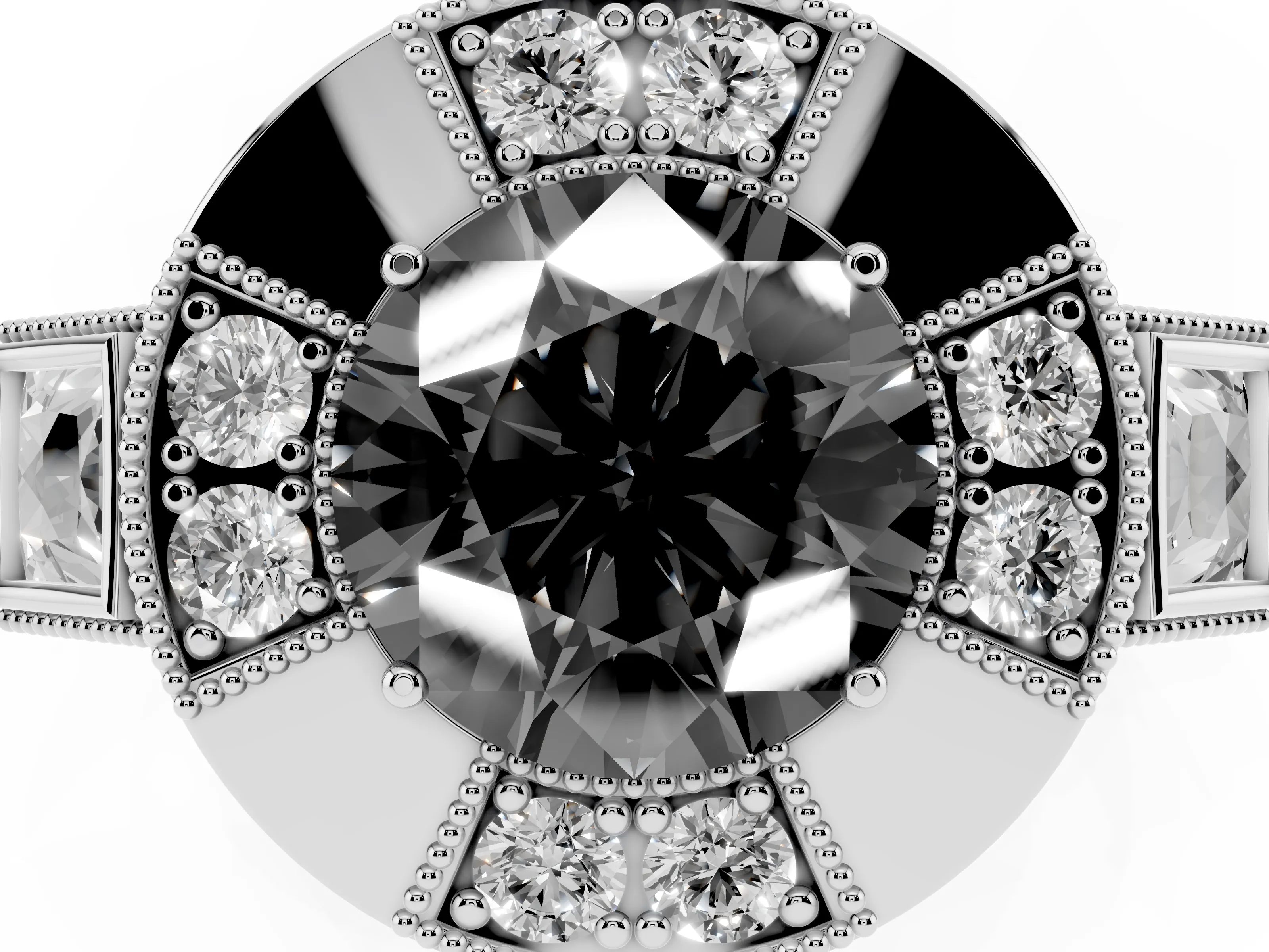 Fancy Black Round Cut Diamond Milgrain Halo Ring Set in Silver with Split Shank