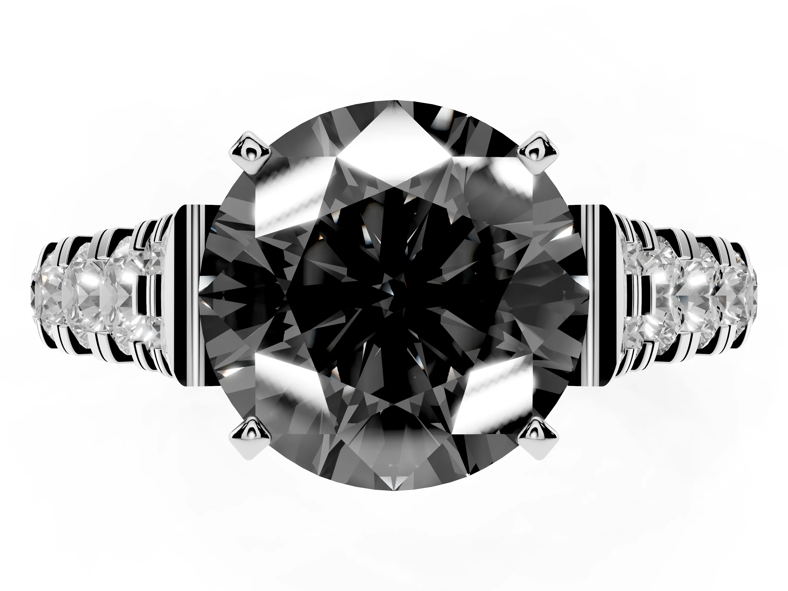 Fancy Black Round Cut Diamond Classic Solitaire Ring Set in Platinum with Pavé Band and Prong Setting