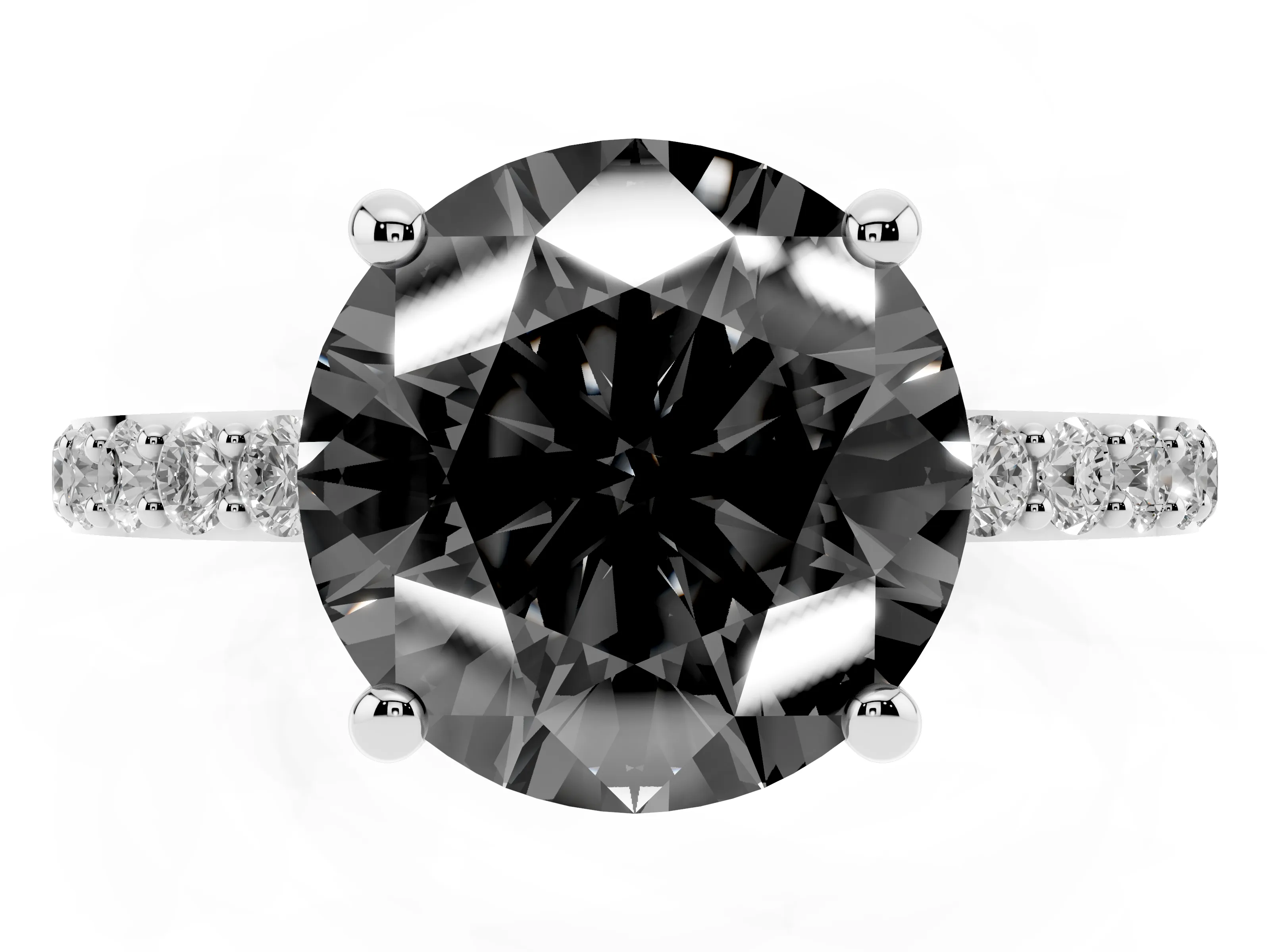 Fancy Black Round Cut Diamond Solitaire Ring Set in Platinum with Round Pavé Band and Prong Setting