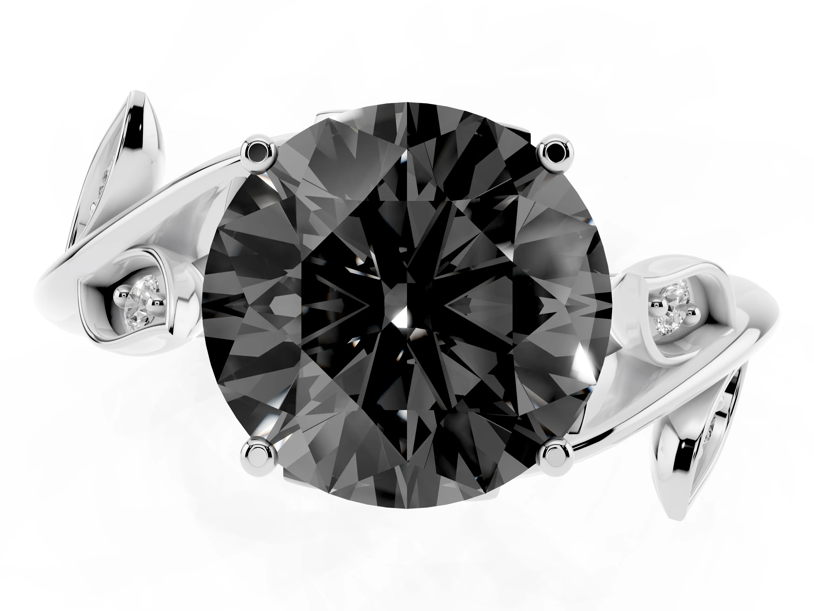 Fancy Black Round Cut Diamond Solitaire Twist Engagement Ring Set in Silver with Pavé Leaf Accents