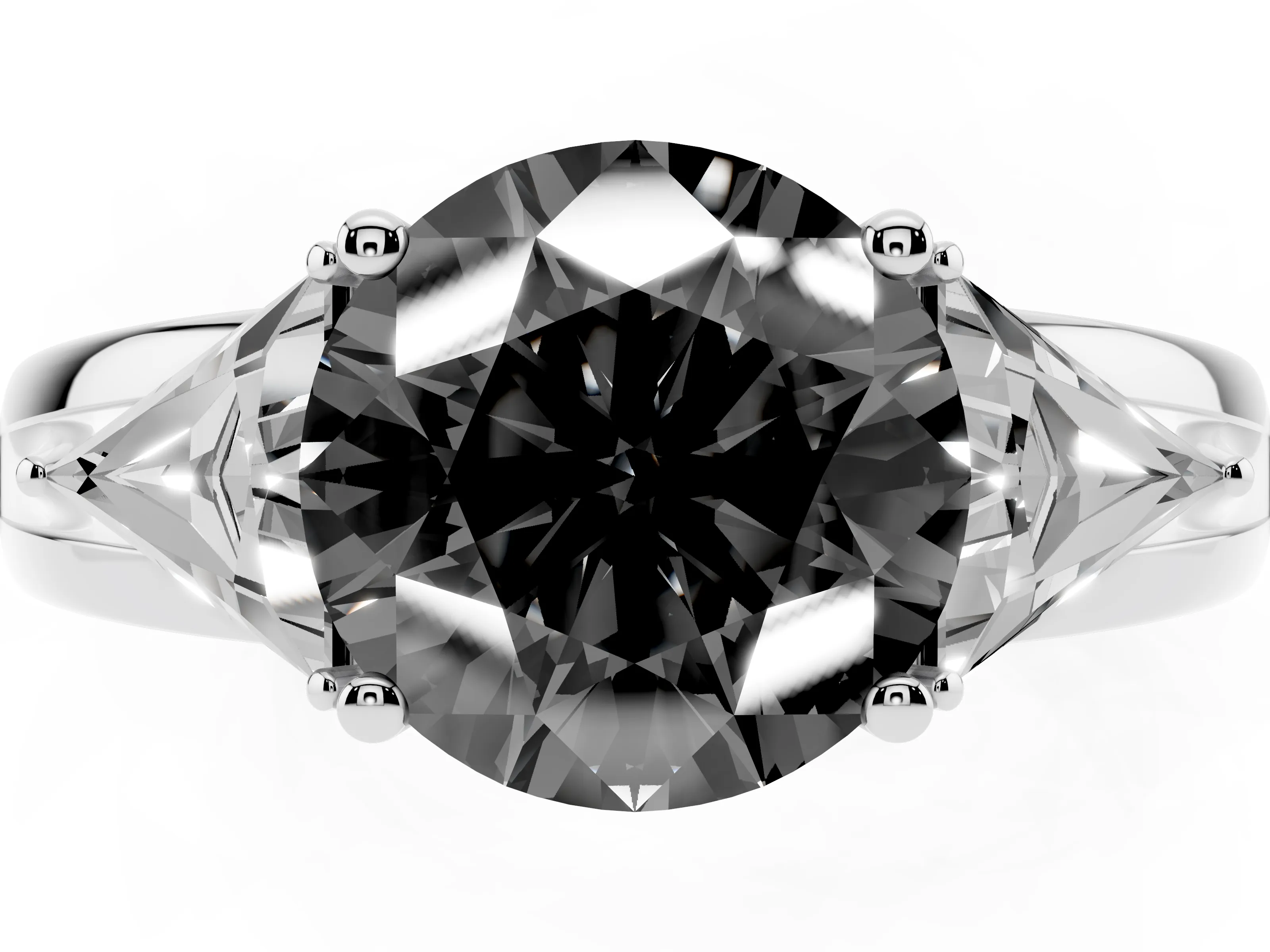 Fancy Black Round Cut Diamond Three-Stone Ring Set in Silver with Trillion Side Stones and Split Shank