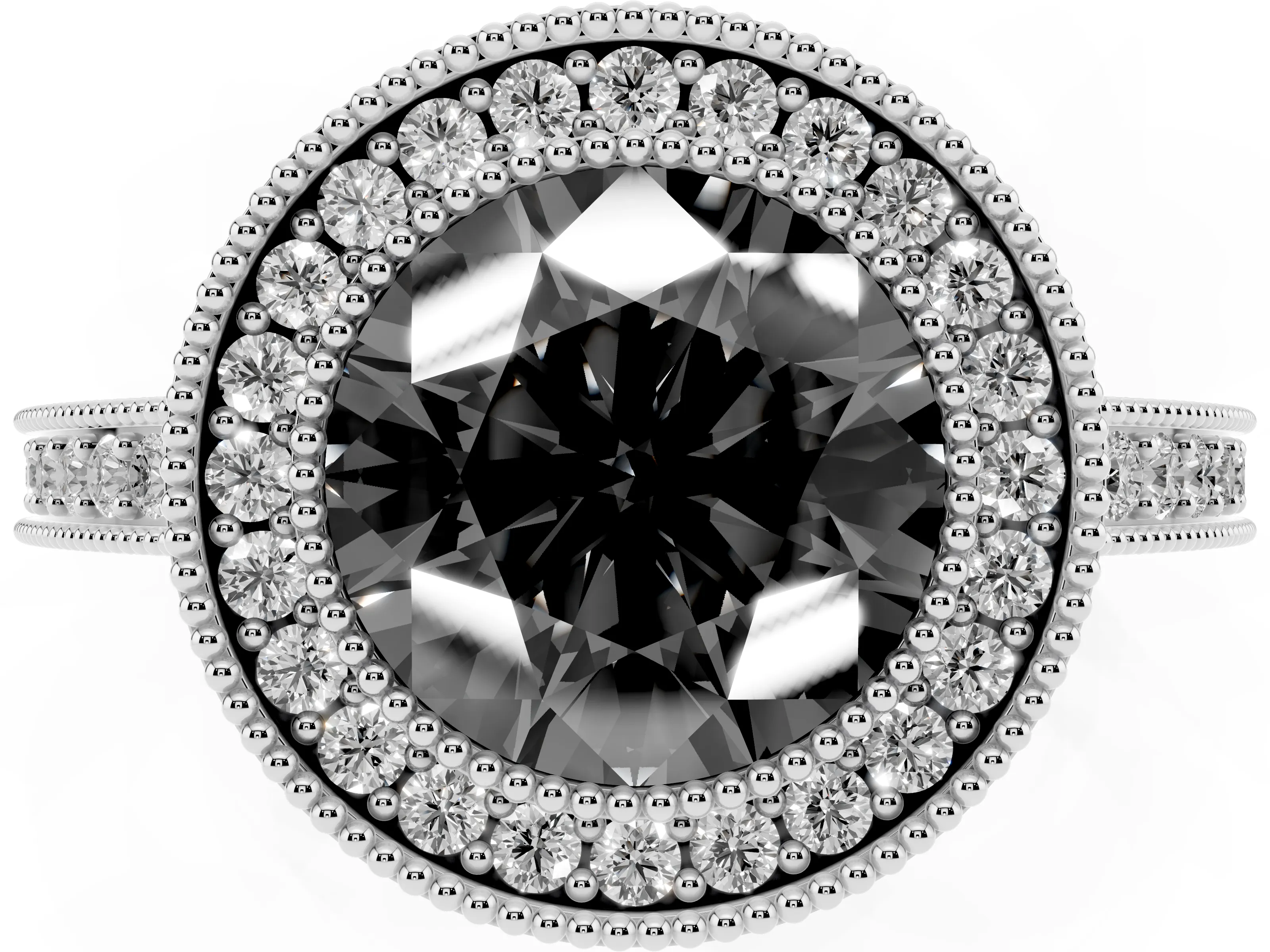 Fancy Black Round Cut Diamond Round Halo Ring Set in White gold with Pavé Band