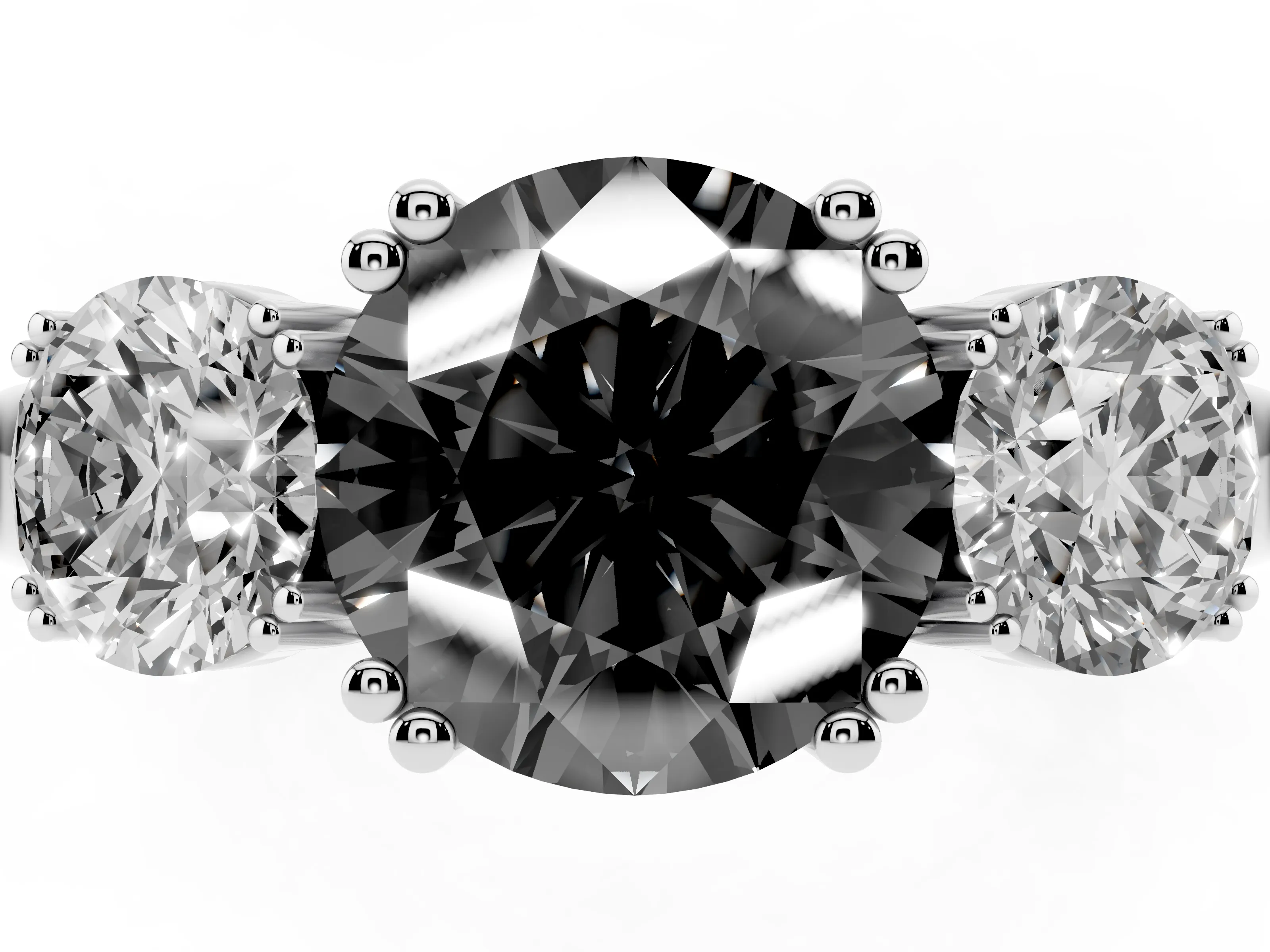 Fancy Black Round Cut Diamond Three-Stone Ring Set in White gold with Polished Channel-Set Band