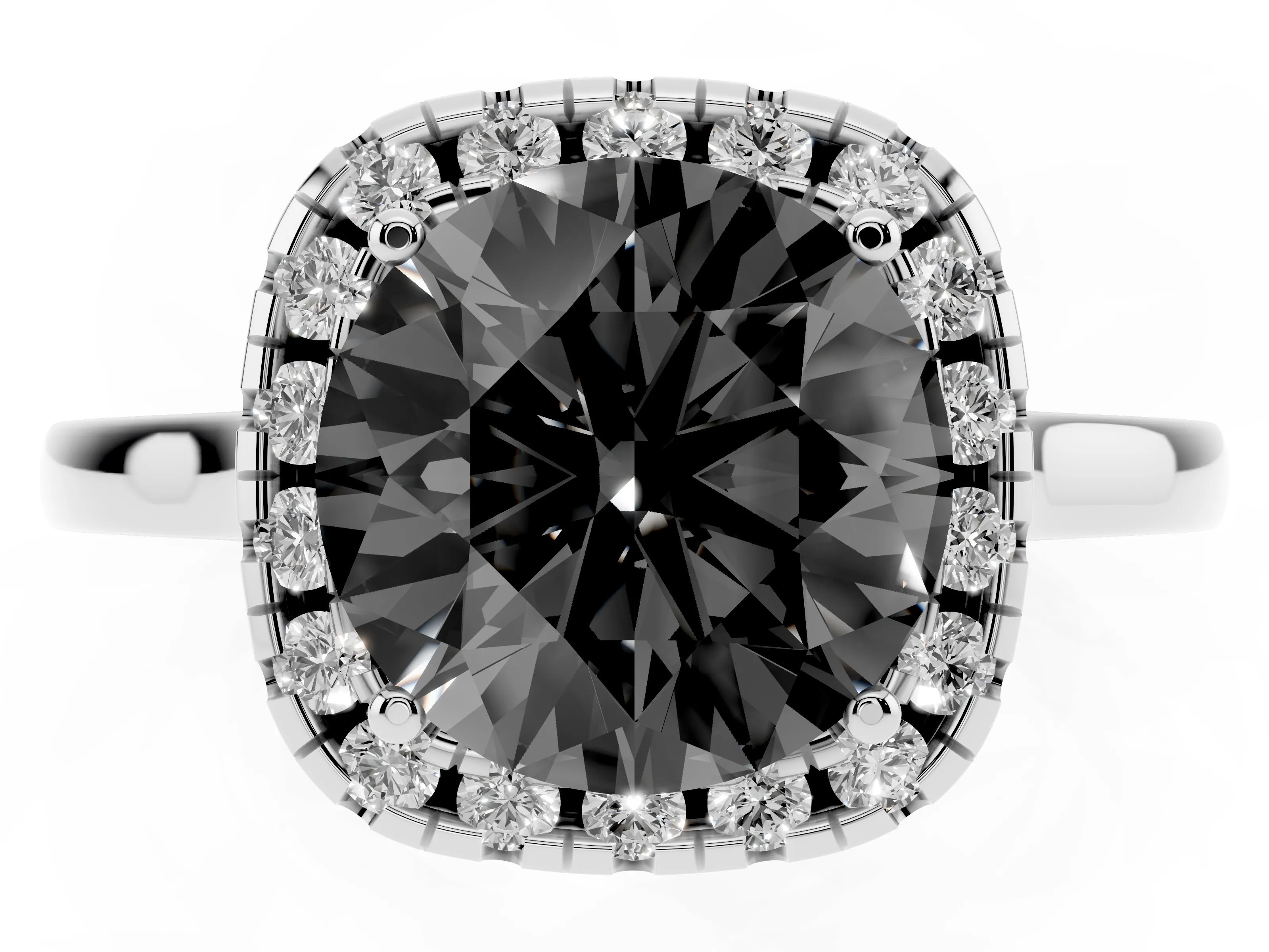 Fancy Black Round Cut Halo Round Diamond Solitaire Ring Set in Silver with Pavé Band and Prong Setting