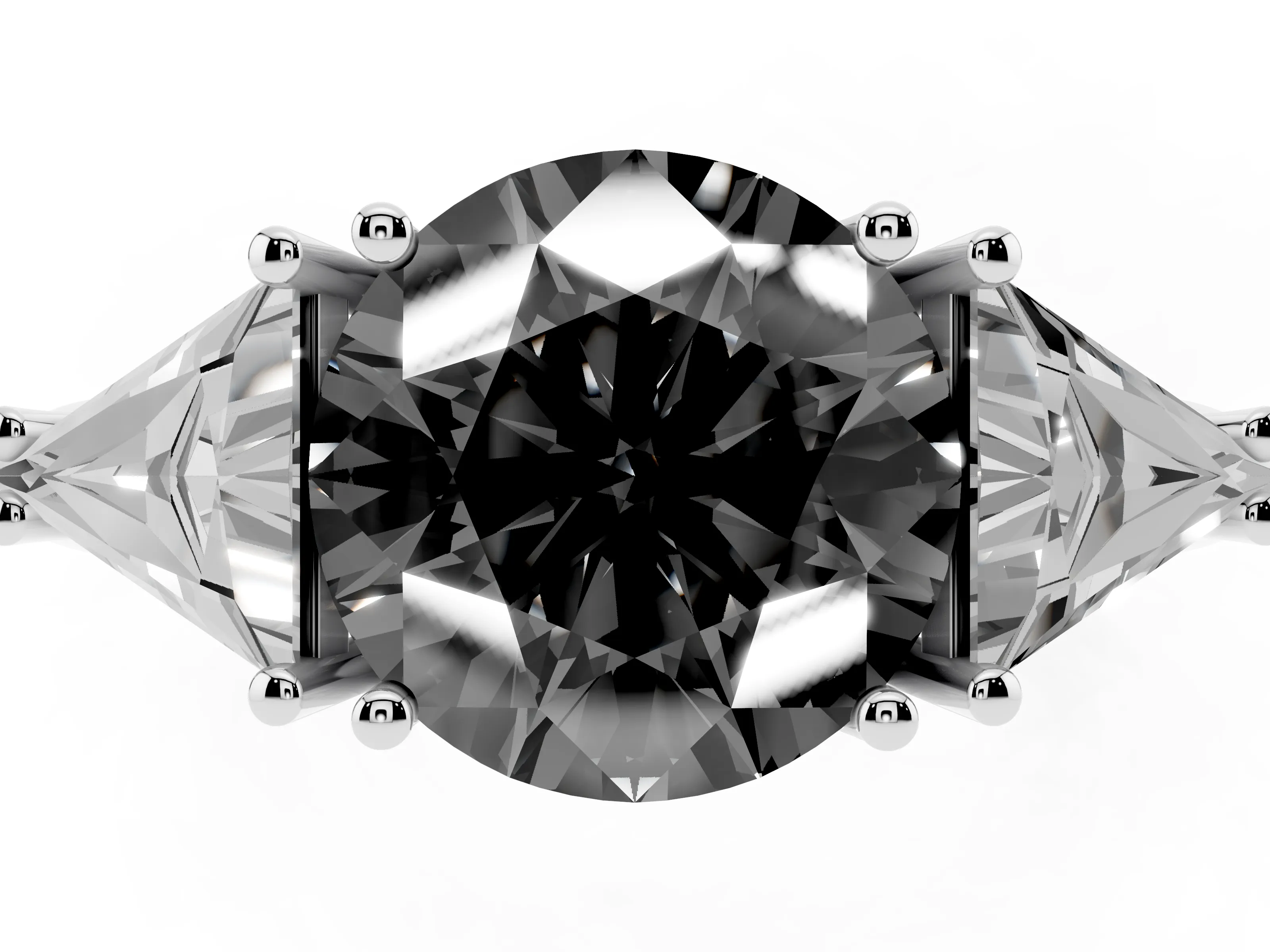 Fancy Black Round Cut Diamond Three-Stone Engagement Ring Set in Silver with Trillion Side Stones