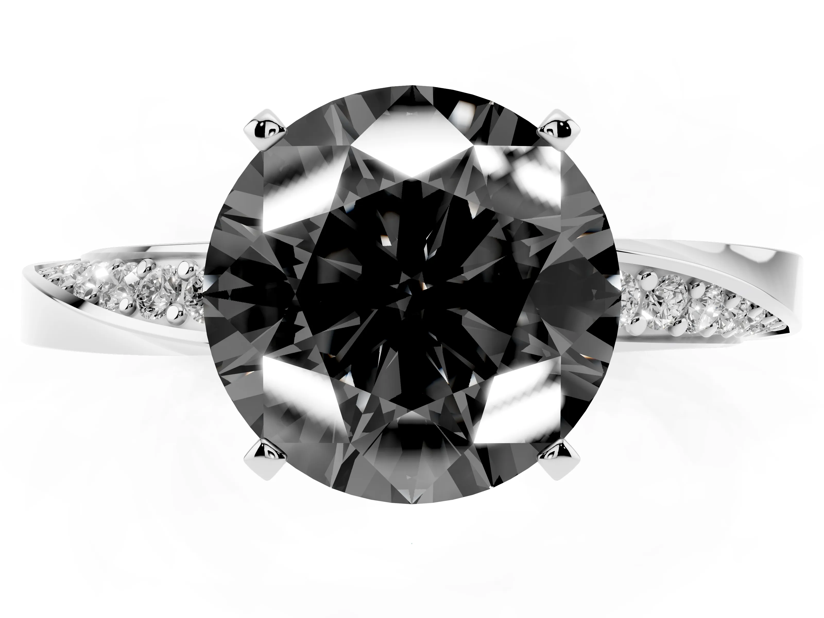Fancy Black Round Cut Diamond Engagement Ring Set in White gold with Side Stone Accents and Prong Setting