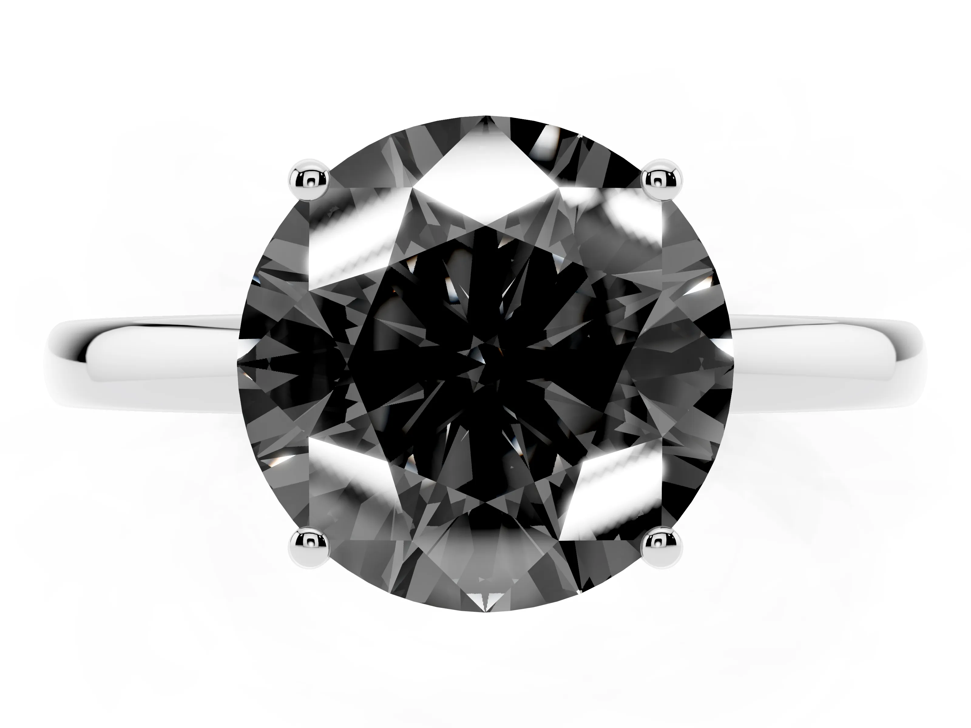 Fancy Black Round Cut Diamond Solitaire Ring Set in Platinum with Plain Band and Prong Setting