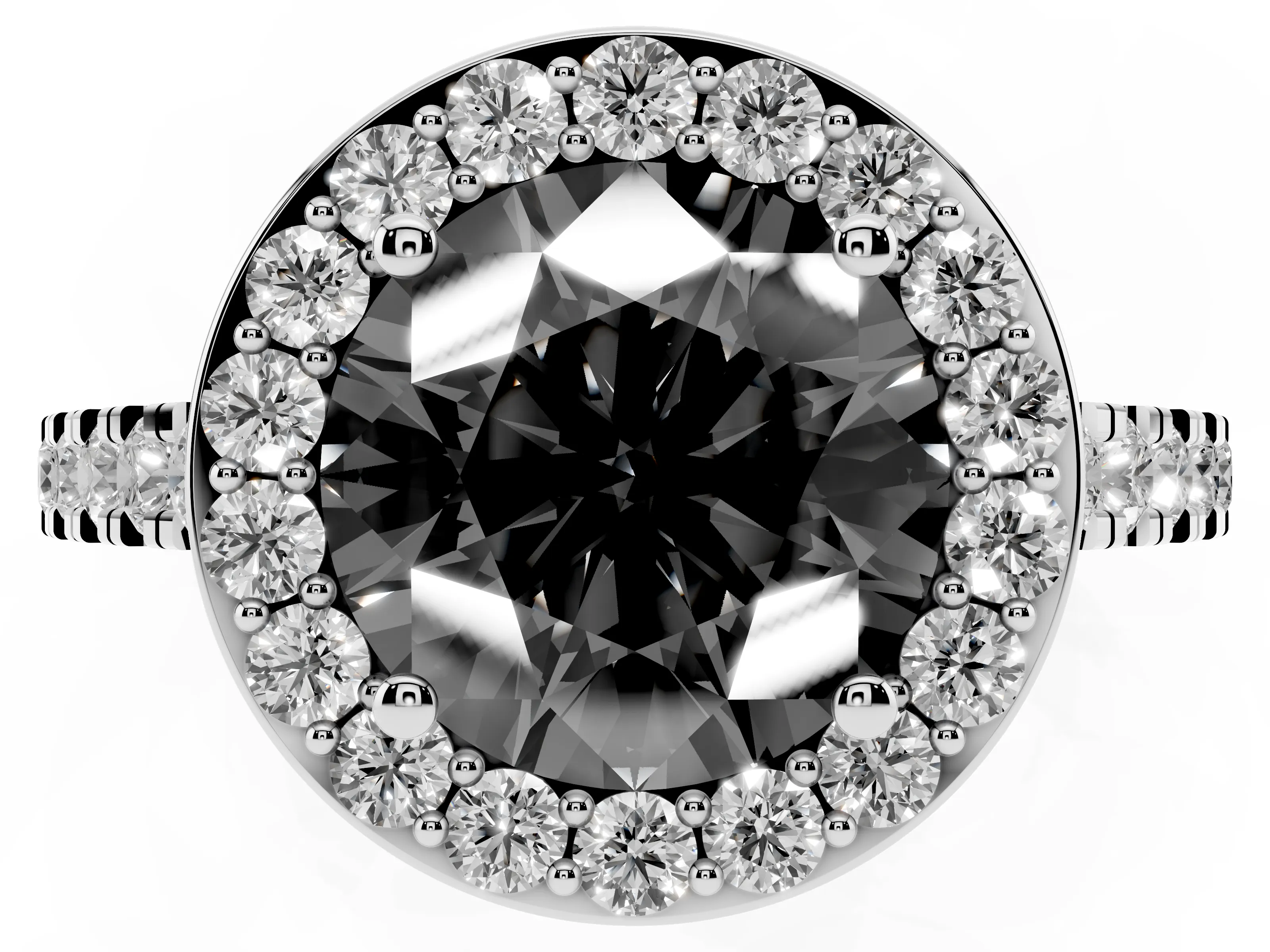 Fancy Black Round Cut Diamond Halo Ring Set in White gold with Round Pavé Split Shank and Prong Setting