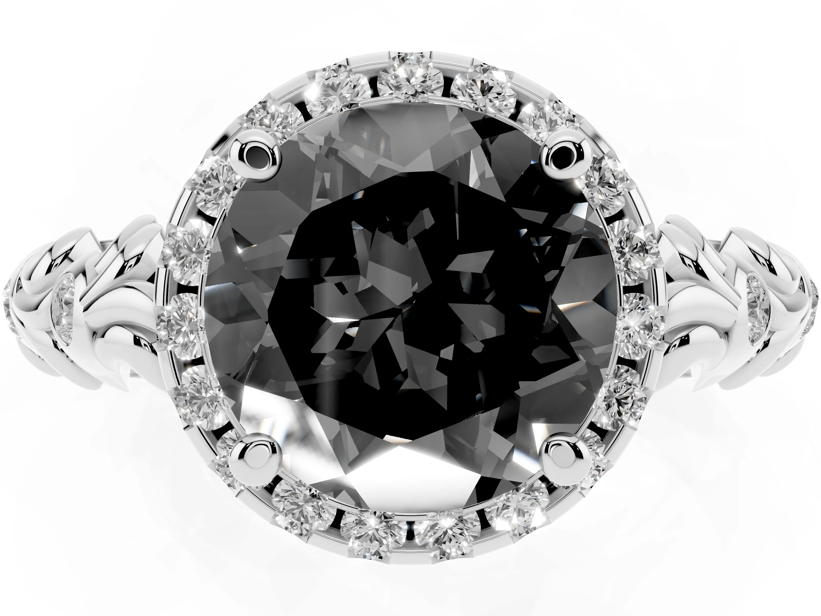 Fancy Black Round Cut Diamond Halo Ring Set in Silver with Filigree Leaf Band and Prong Setting