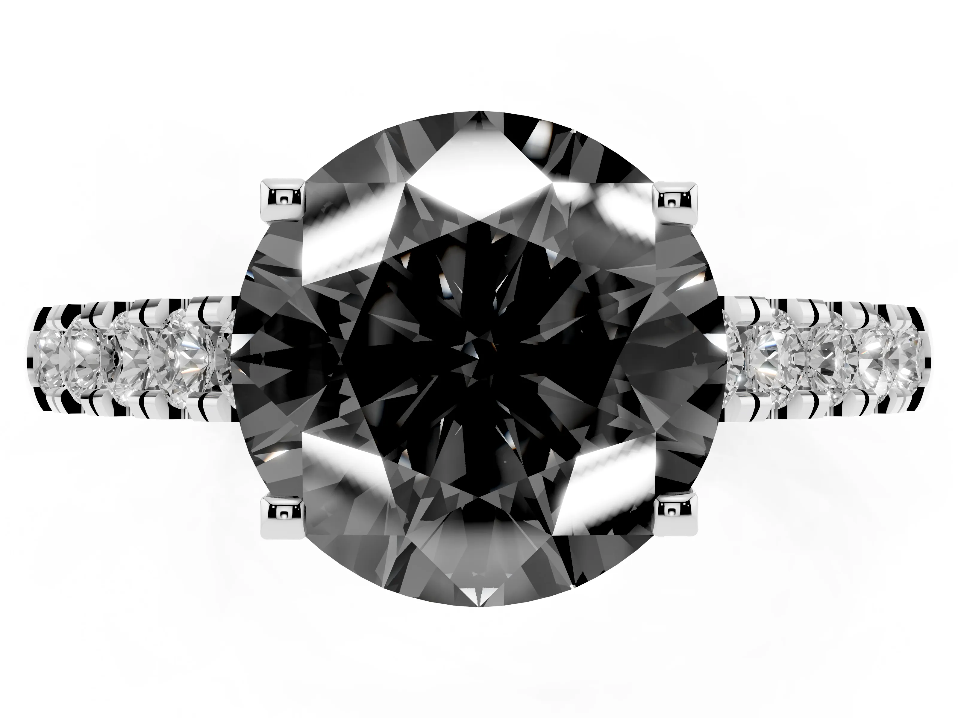 Fancy Black Round Cut Diamond Pavé Band Solitaire Ring Set in White gold with Partway Accent Stones and Prong Setting