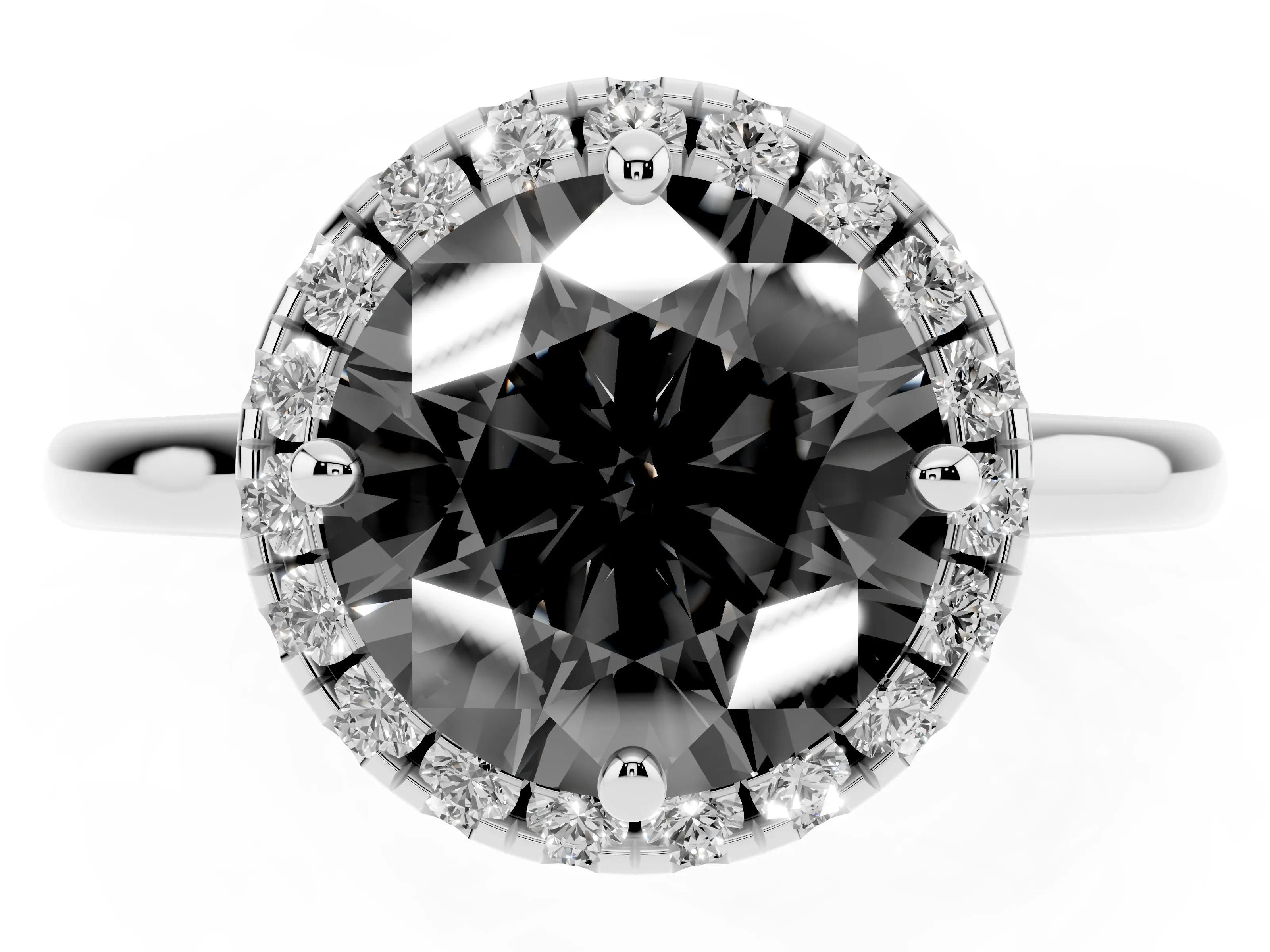 Fancy Black Round Cut Diamond Halo Engagement Ring Set in Platinum with Pavé Band and Rising Shoulders