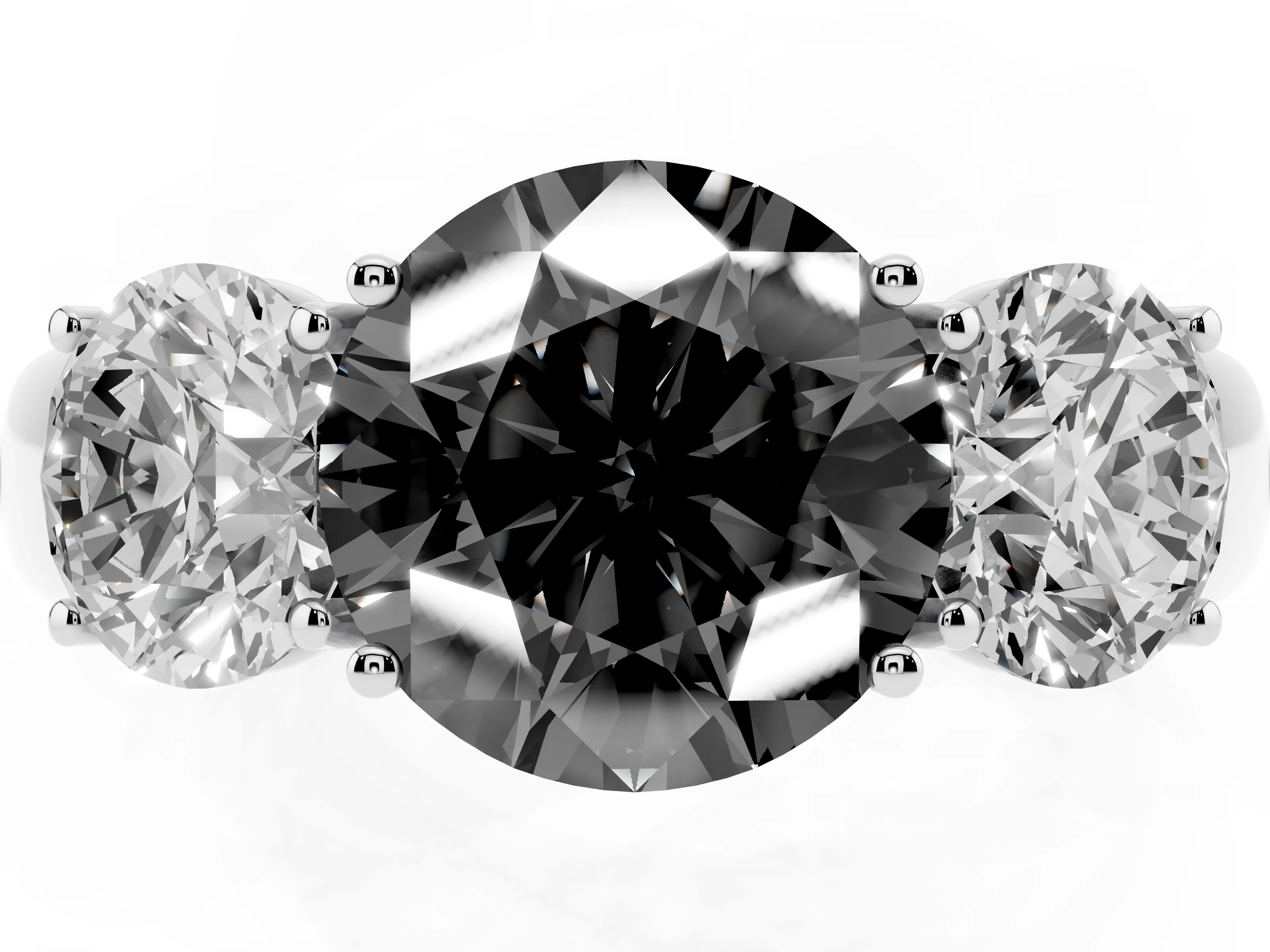 Fancy Black Three-Stone Round Cut Diamond Ring Set in Platinum with Matching Prong Settings and Plain Band