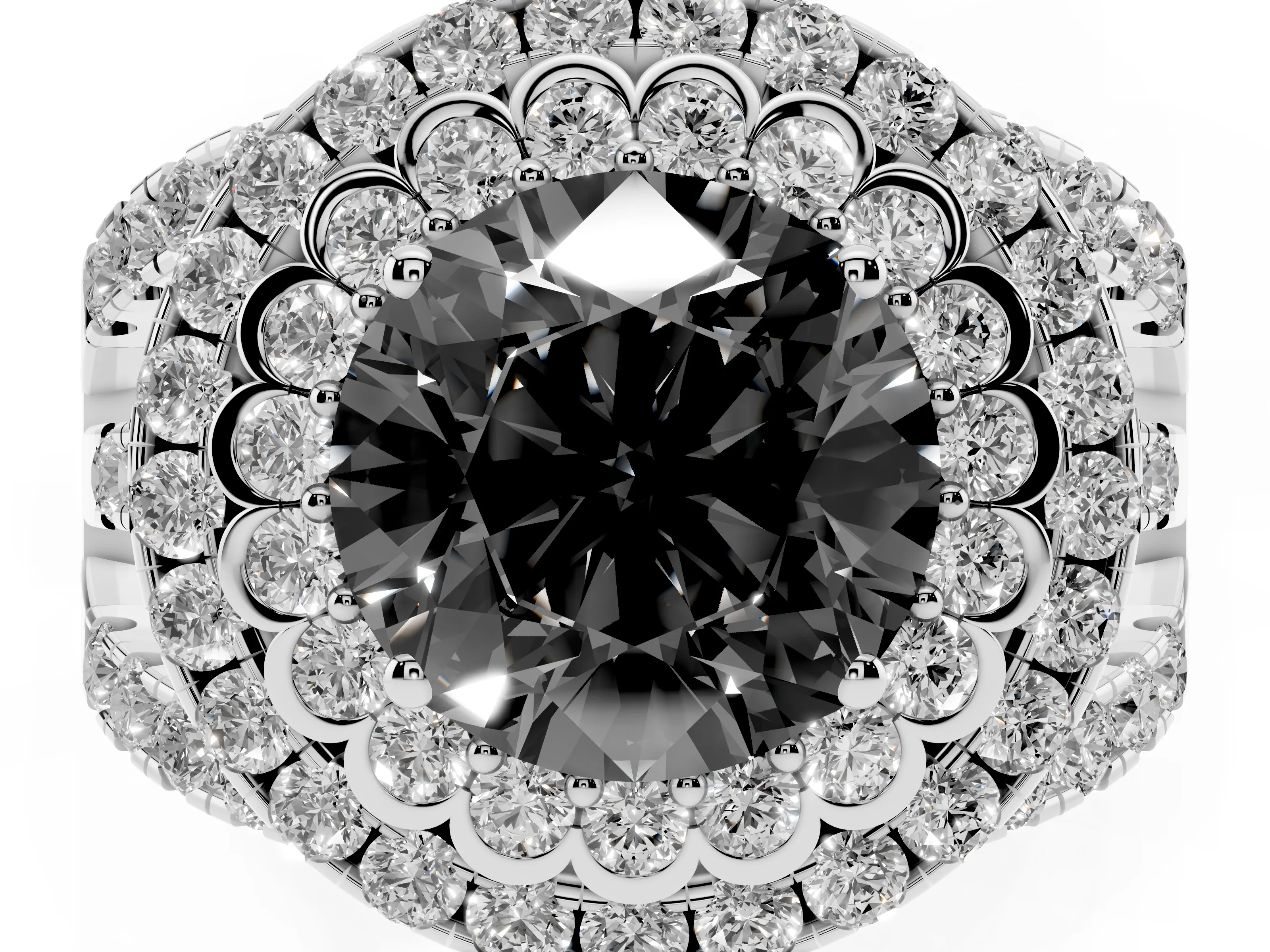 Fancy Black Round Cut Diamond Double Halo Ring Set in White gold with Round Pavé Split Shank