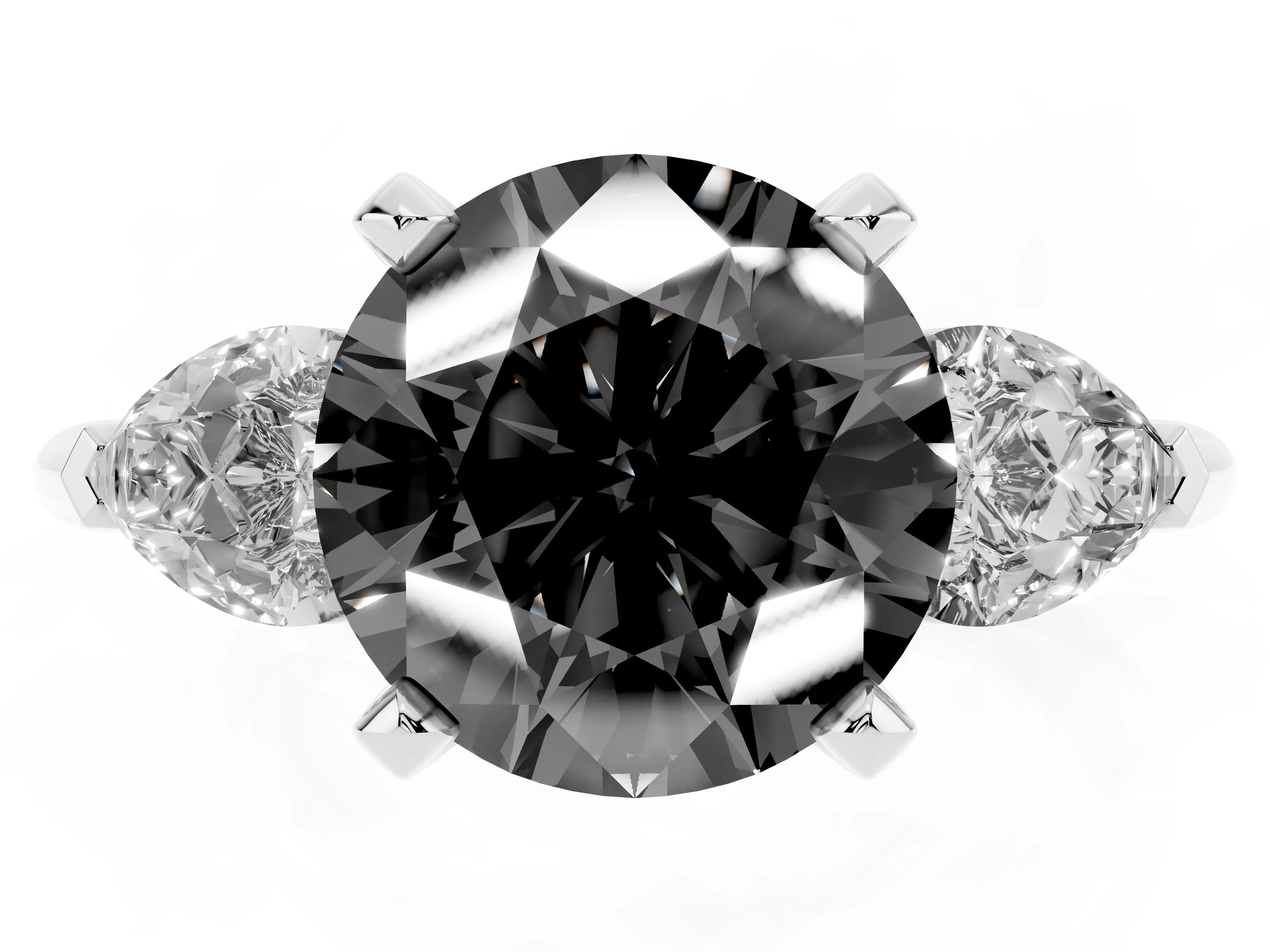 Fancy Black Three-Stone Round Cut Diamond Ring Set in Silver with Pear Side Stones and Prong Setting