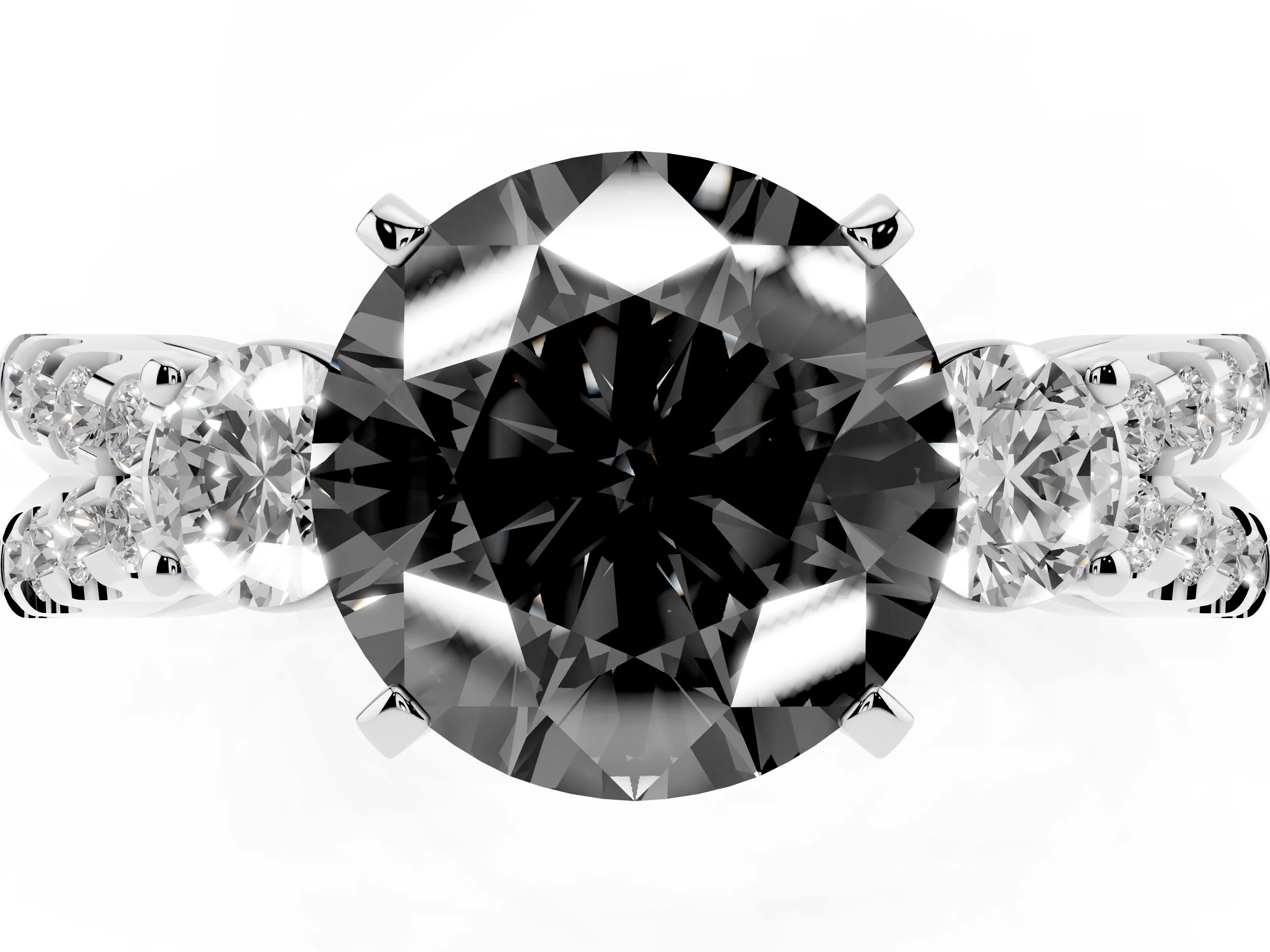Fancy Black Round Cut Diamond Three-Stone Ring Set in Silver with Pavé Split Shank and Prong Setting