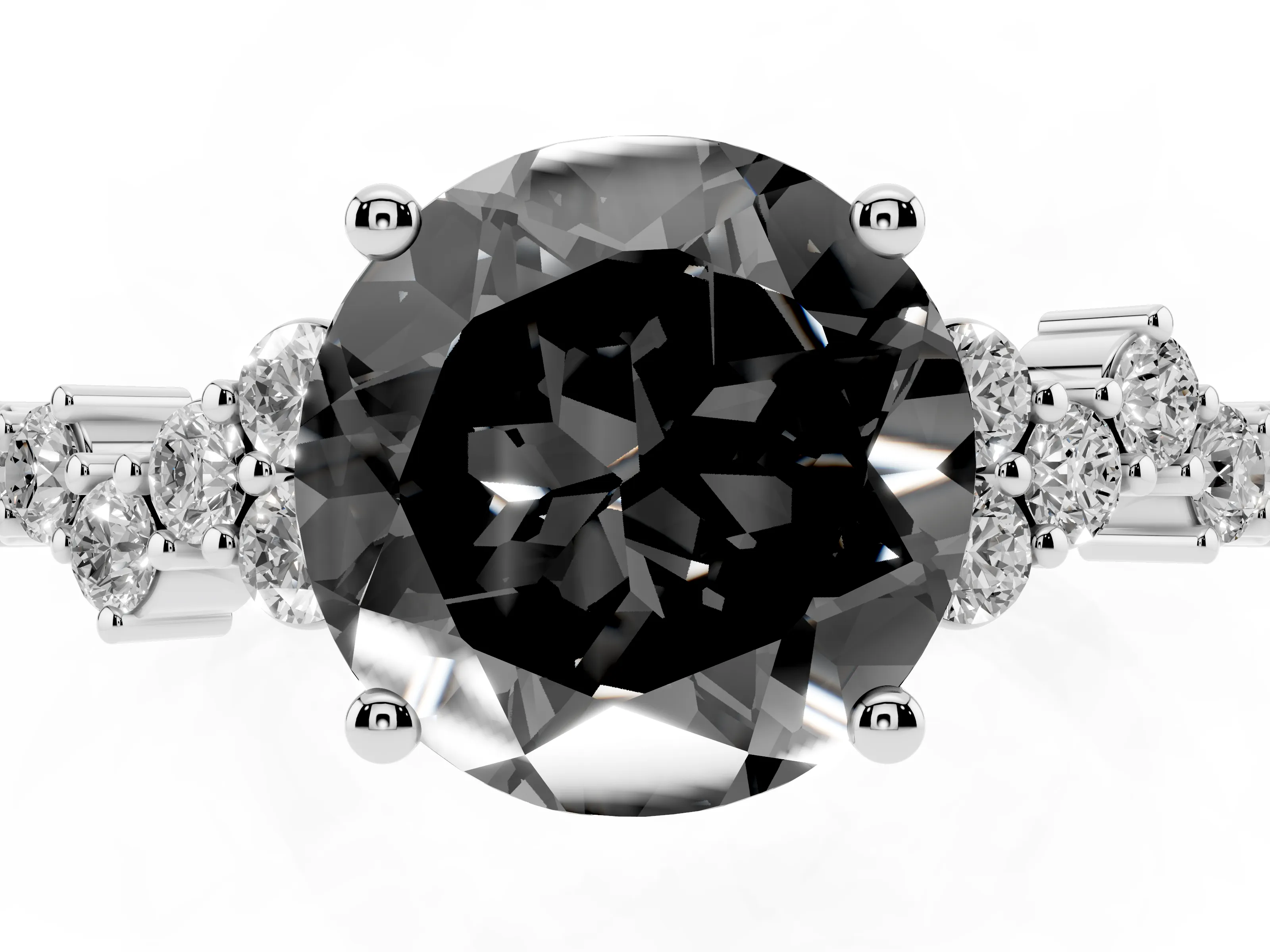 Fancy Black Round Cut Diamond Ring Set in White gold with Scattered Round Accents