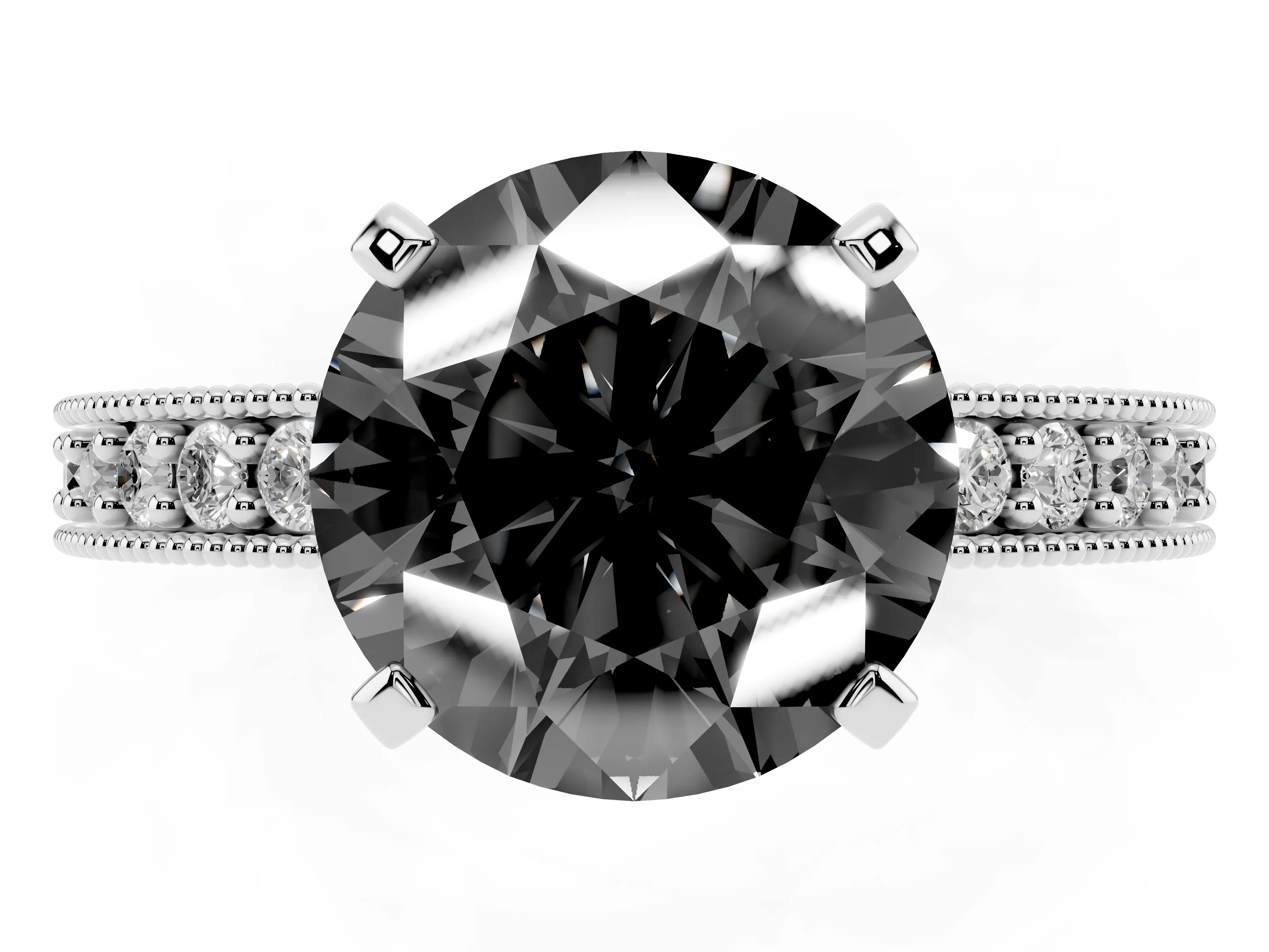 Fancy Black Round Cut Diamond Milgrain Pavé Engagement Ring Set in Silver with Prong Setting