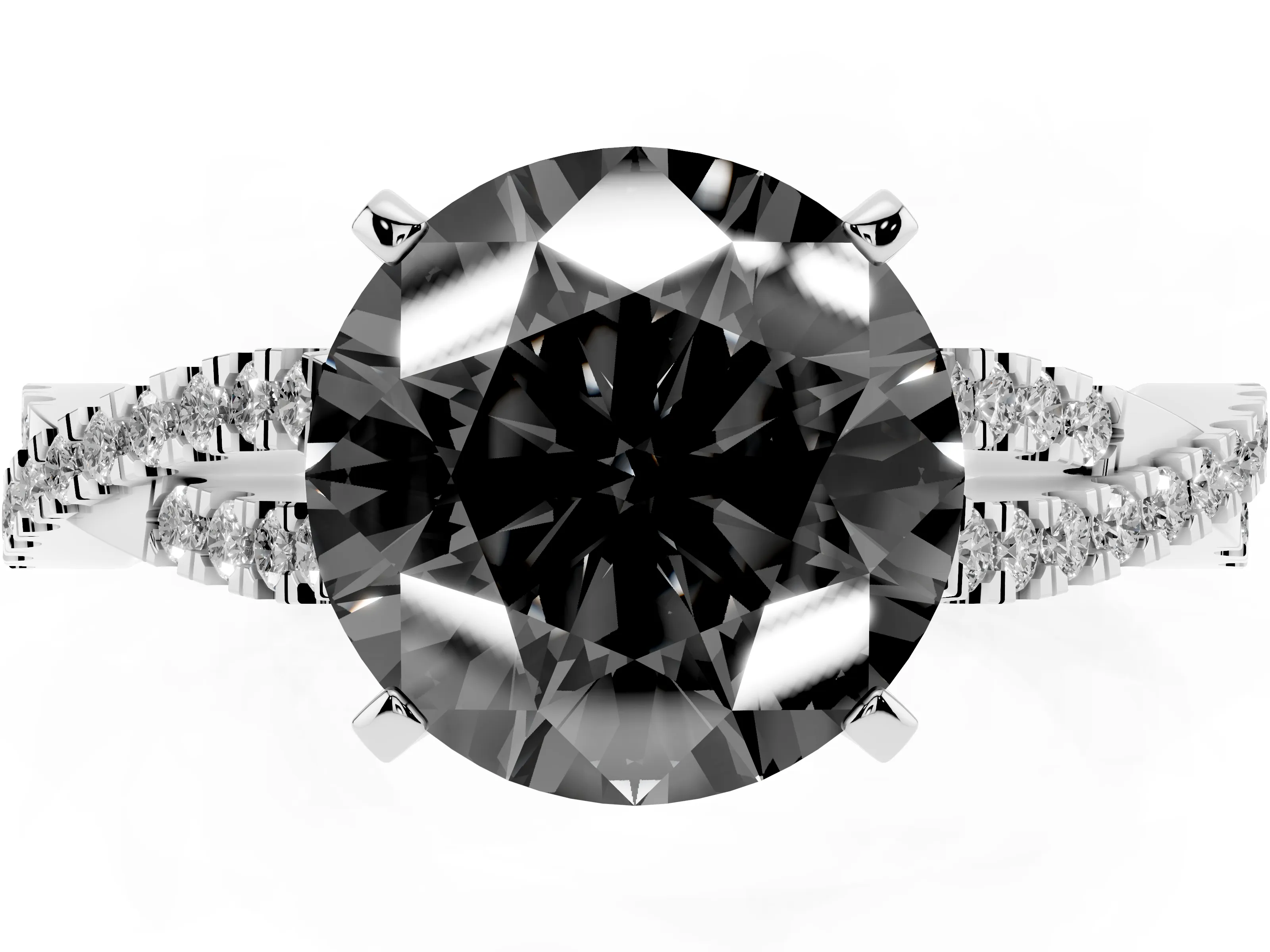 Fancy Black Round Cut Diamond Solitaire Engagement Ring Set in White gold with Twisted Pavé Band and Prong Setting